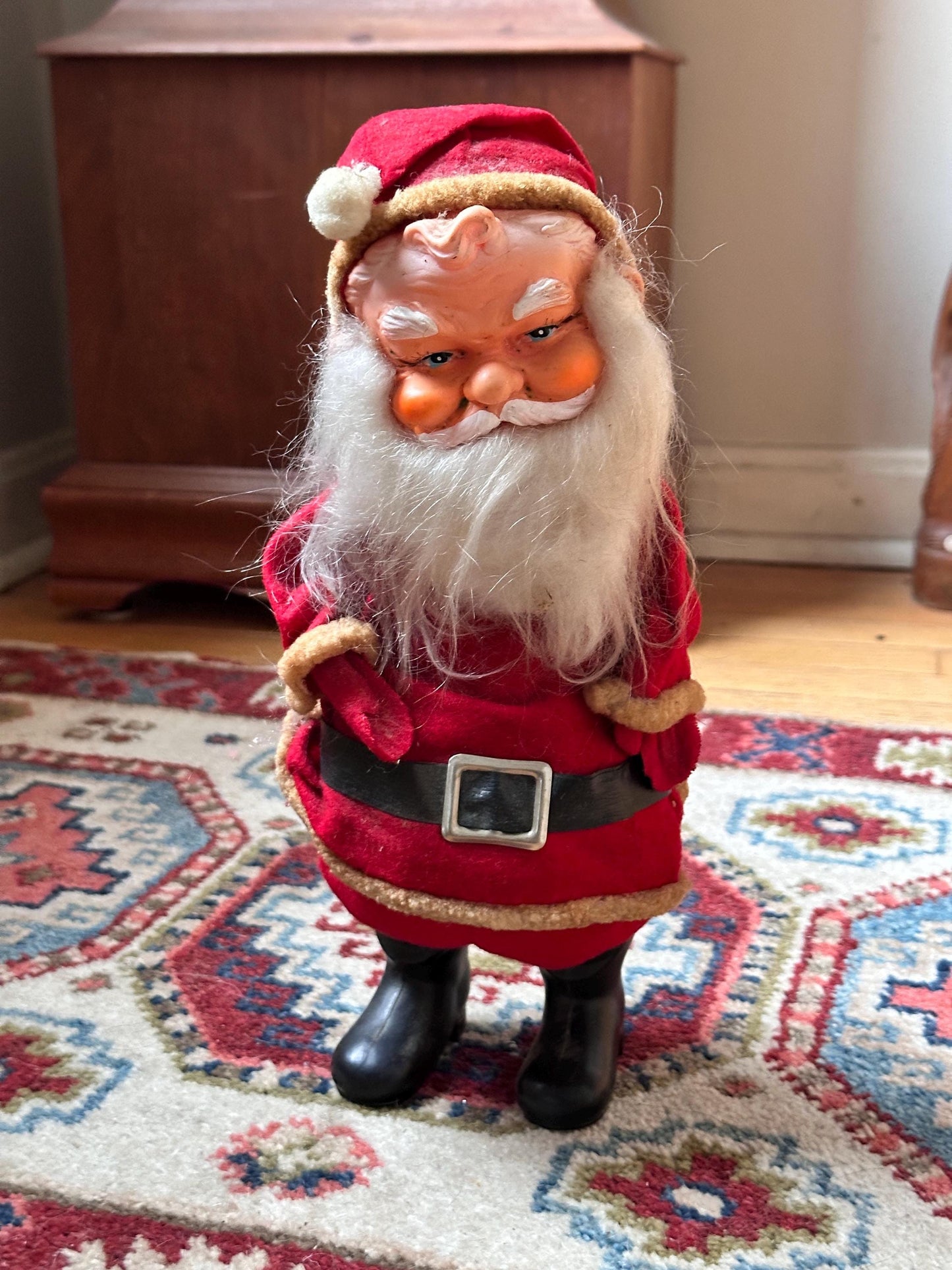Vintage 1950s Poseable Rubber Face Santa Claus Doll, Made in Japan, Blue Eyes