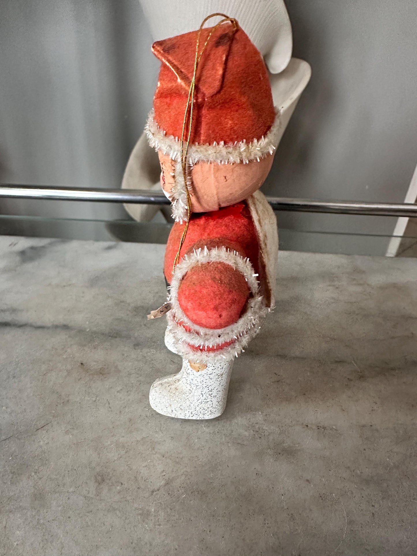 1950s Flocked Santa Ornament, Papier-Mâché Face, Mica Glitter Boots