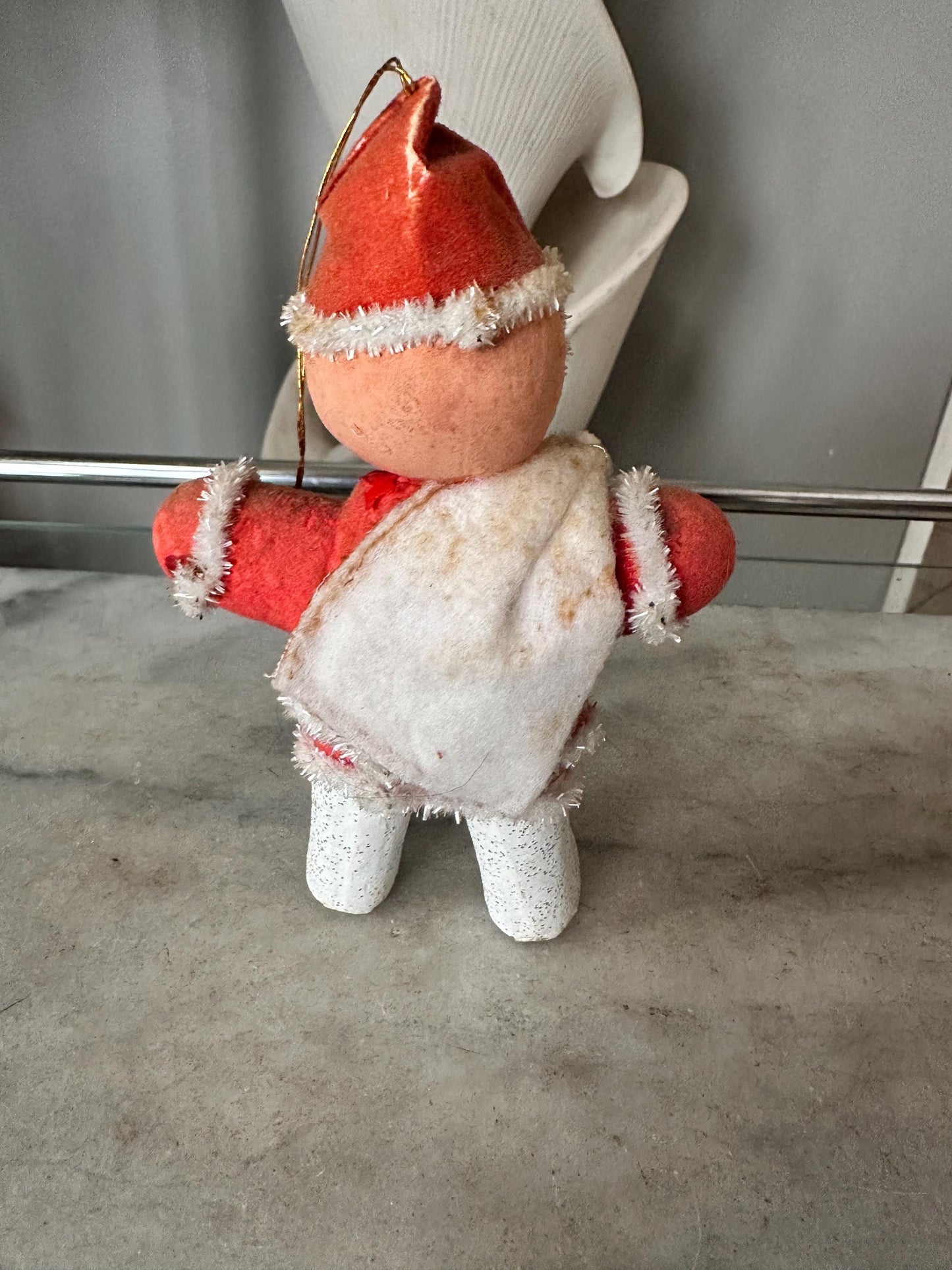 1950s Flocked Santa Ornament, Papier-Mâché Face, Mica Glitter Boots