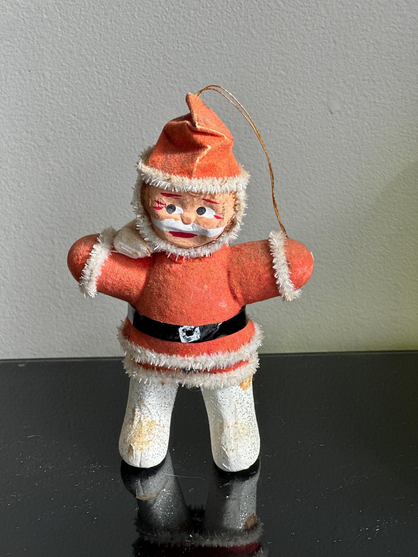 1950s Flocked Santa Ornament, Papier-Mâché Face, Mica Glitter Boots