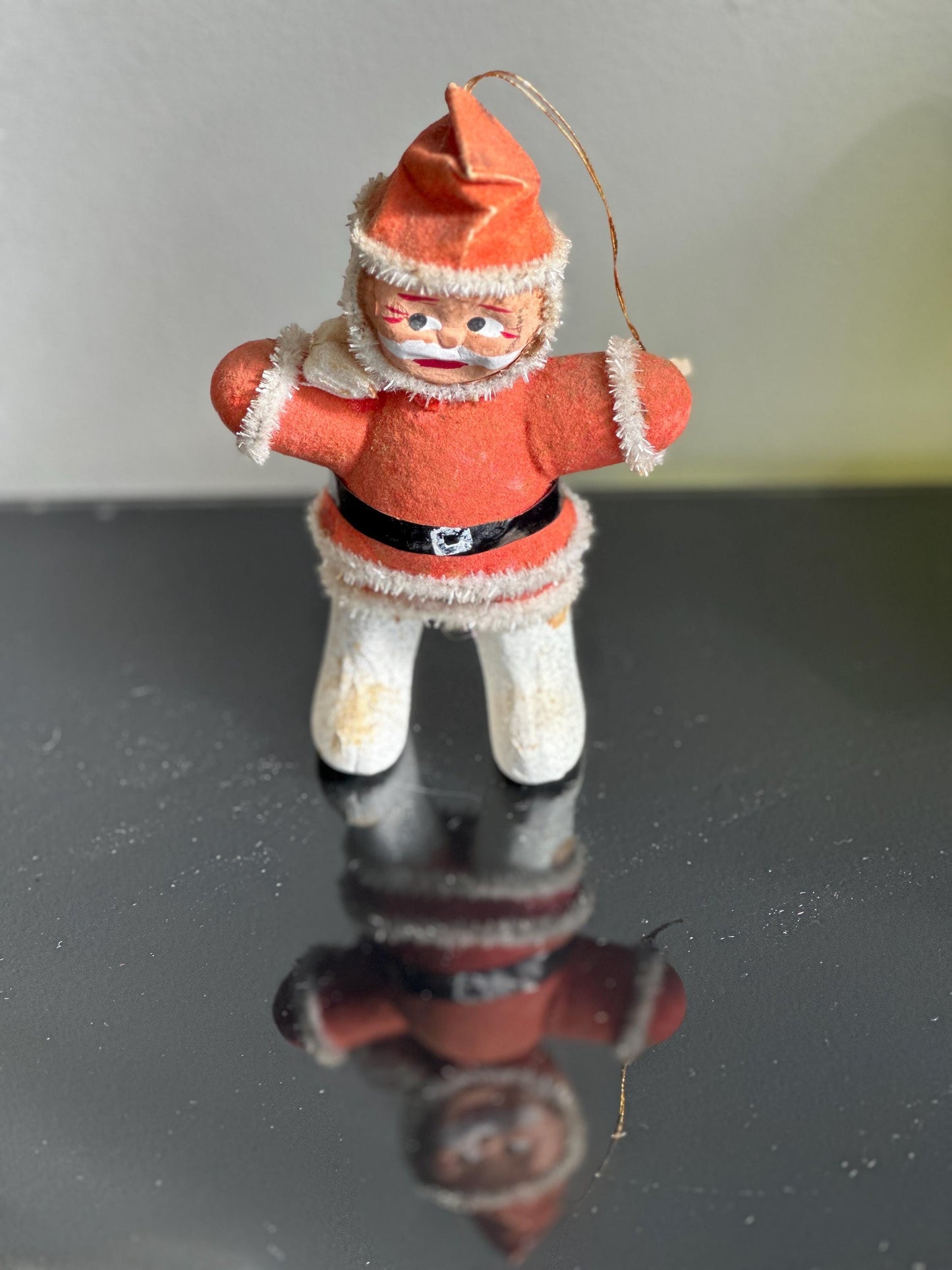 1950s Flocked Santa Ornament, Papier-Mâché Face, Mica Glitter Boots