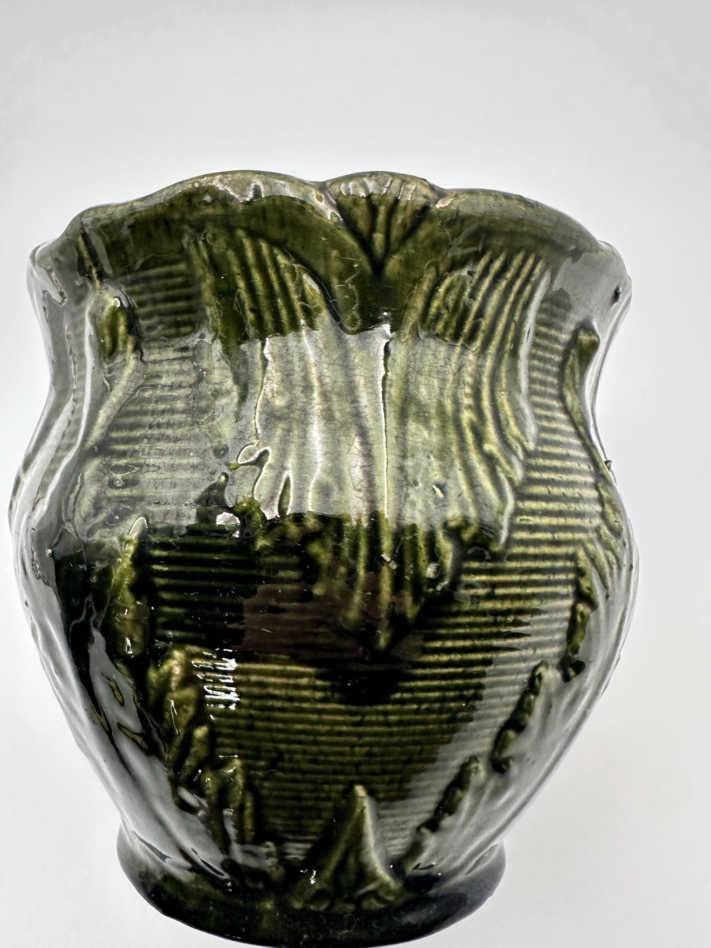 Antique Brush McCoy Majolica Jardiniere Planter – Green Leaf Scroll Pottery (No. 916)