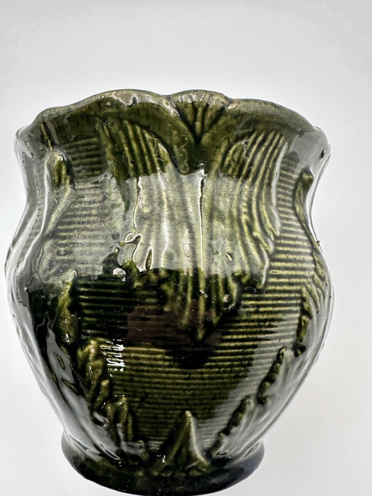 Antique Brush McCoy Majolica Jardiniere Planter – Green Leaf Scroll Pottery (No. 916)