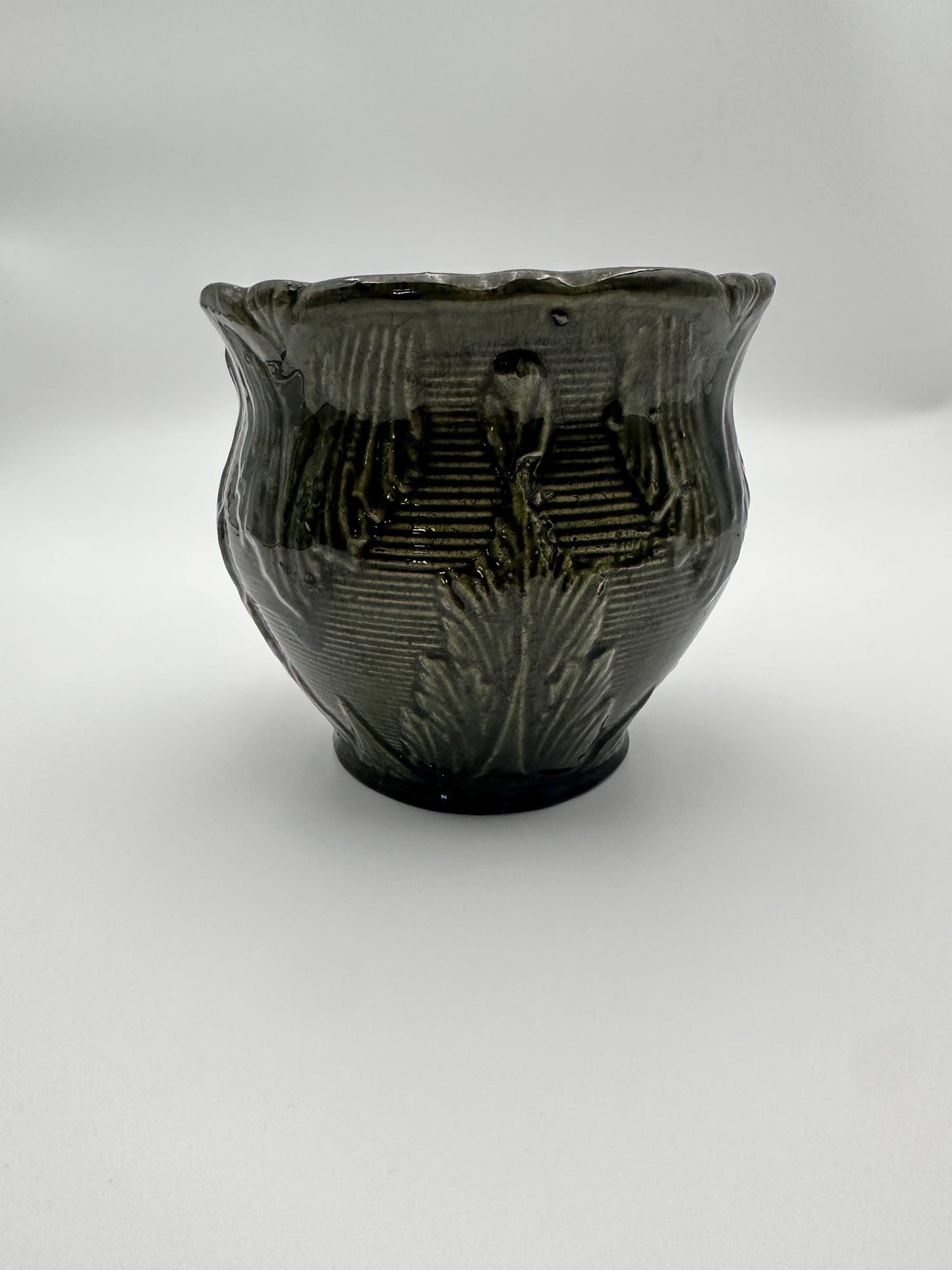 Antique Brush McCoy Majolica Jardiniere Planter – Green Leaf Scroll Pottery (No. 916)