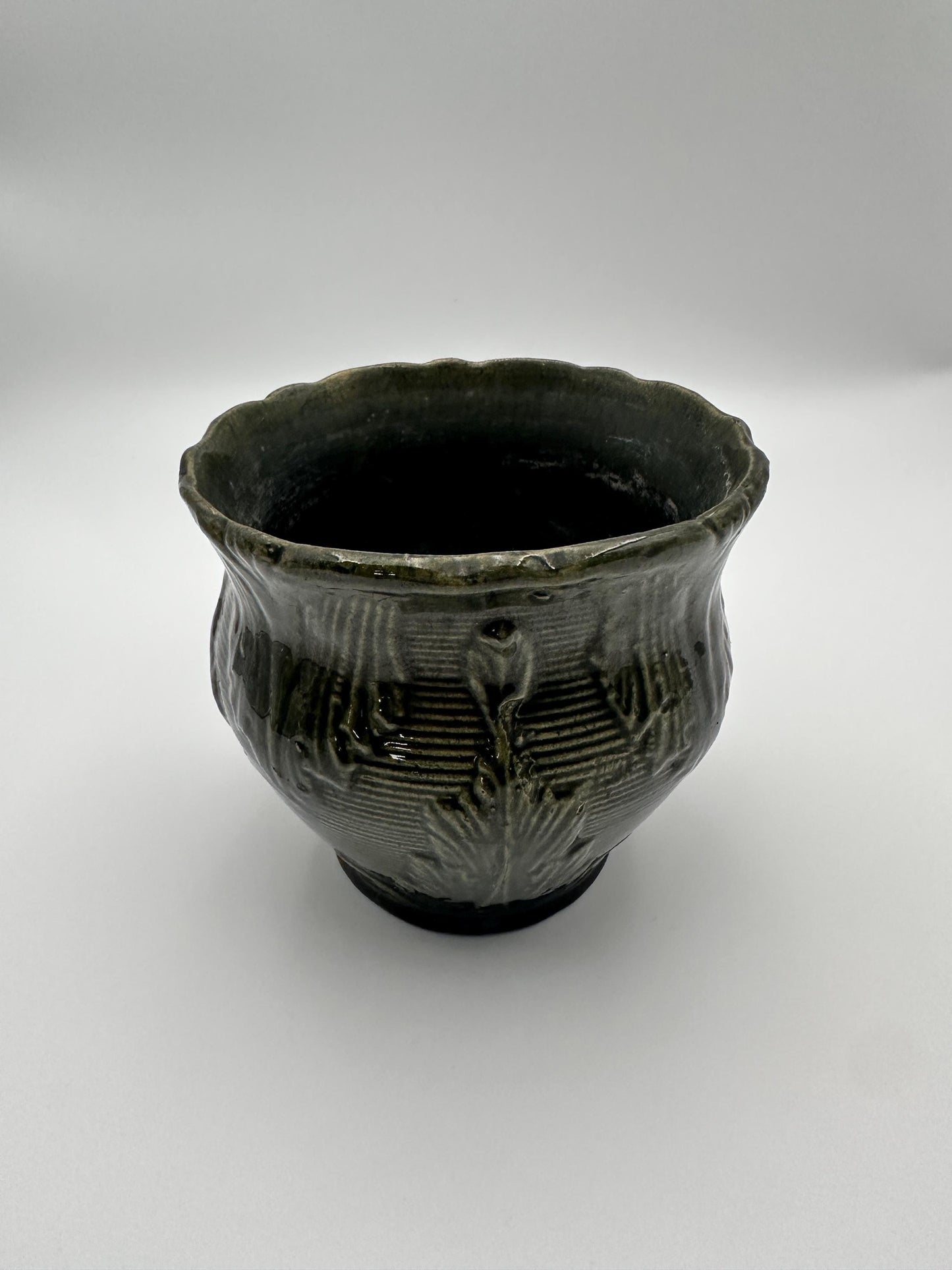 Antique Brush McCoy Majolica Jardiniere Planter – Green Leaf Scroll Pottery (No. 916)