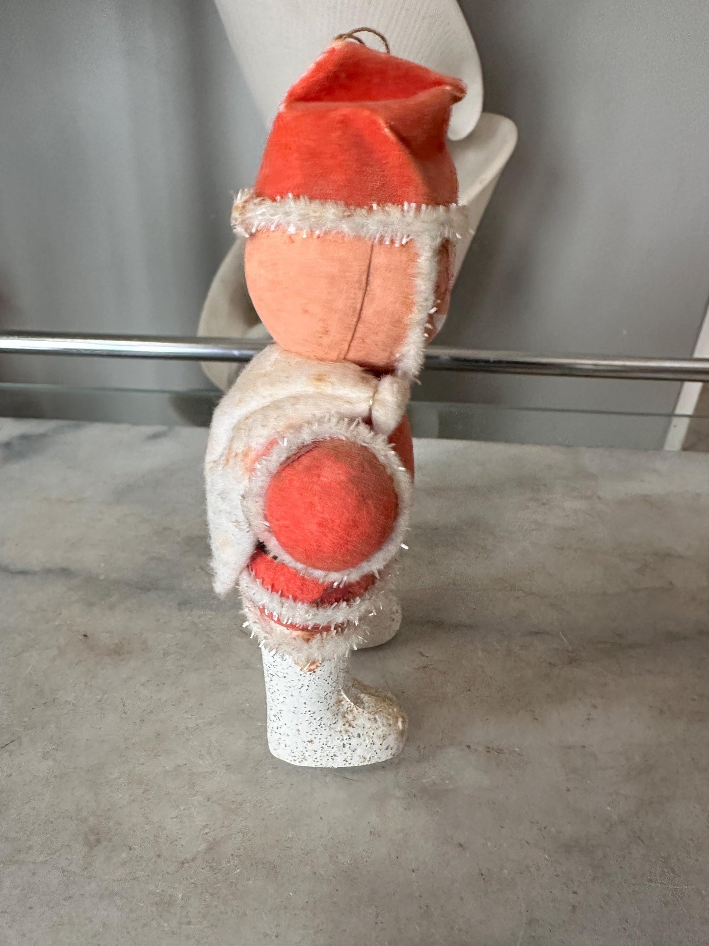 1950s Flocked Santa Ornament, Papier-Mâché Face, Mica Glitter Boots