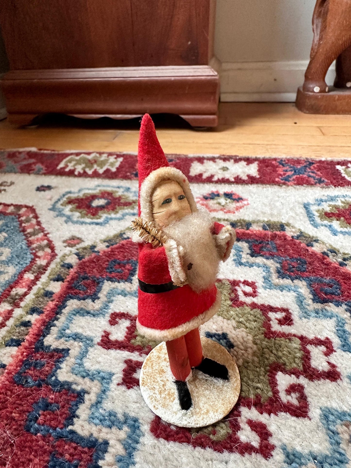 Vintage Pipe Cleaner Santa Figurine 5.5” Antique Felt Coat Japan