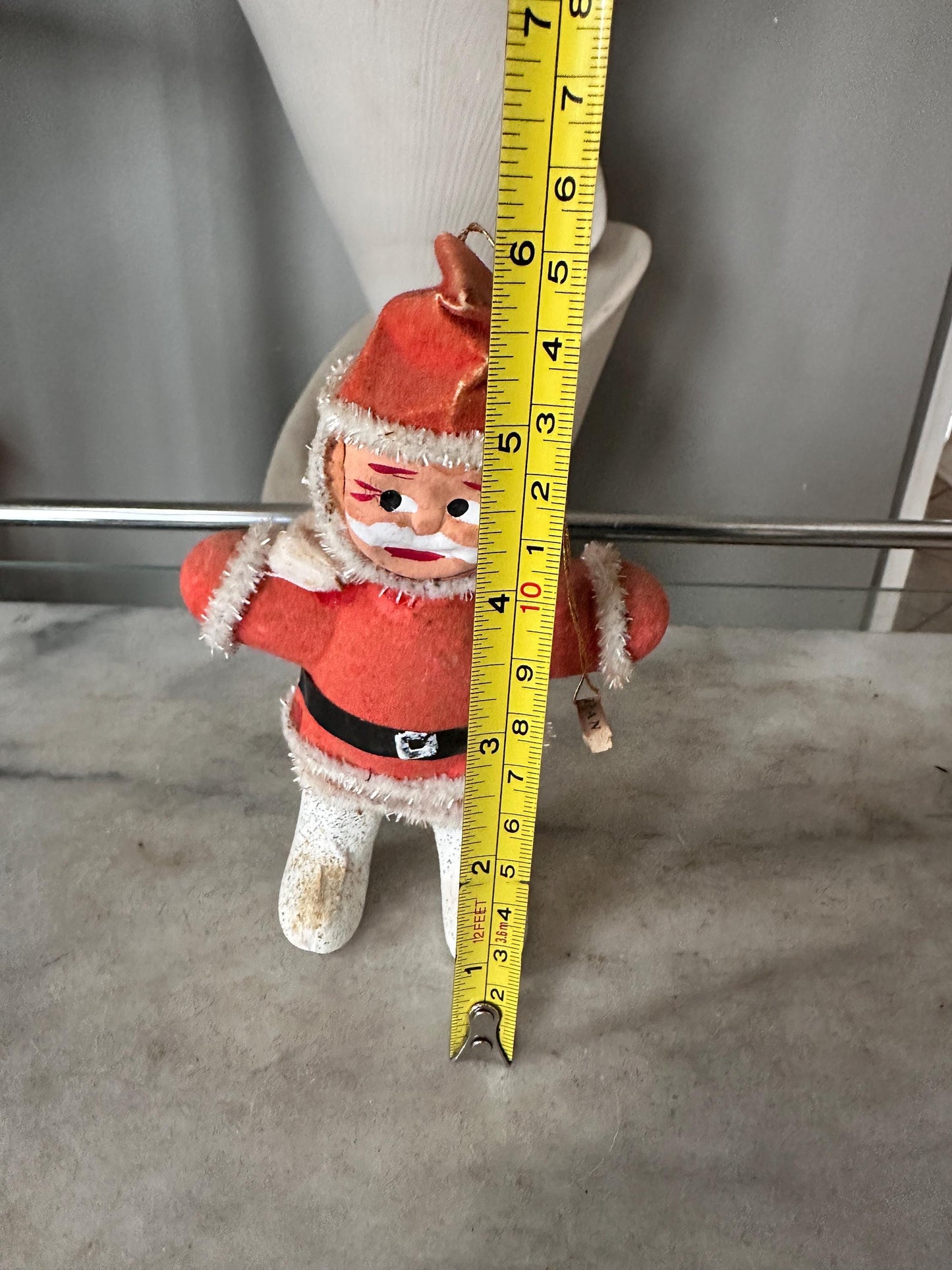 1950s Flocked Santa Ornament, Papier-Mâché Face, Mica Glitter Boots
