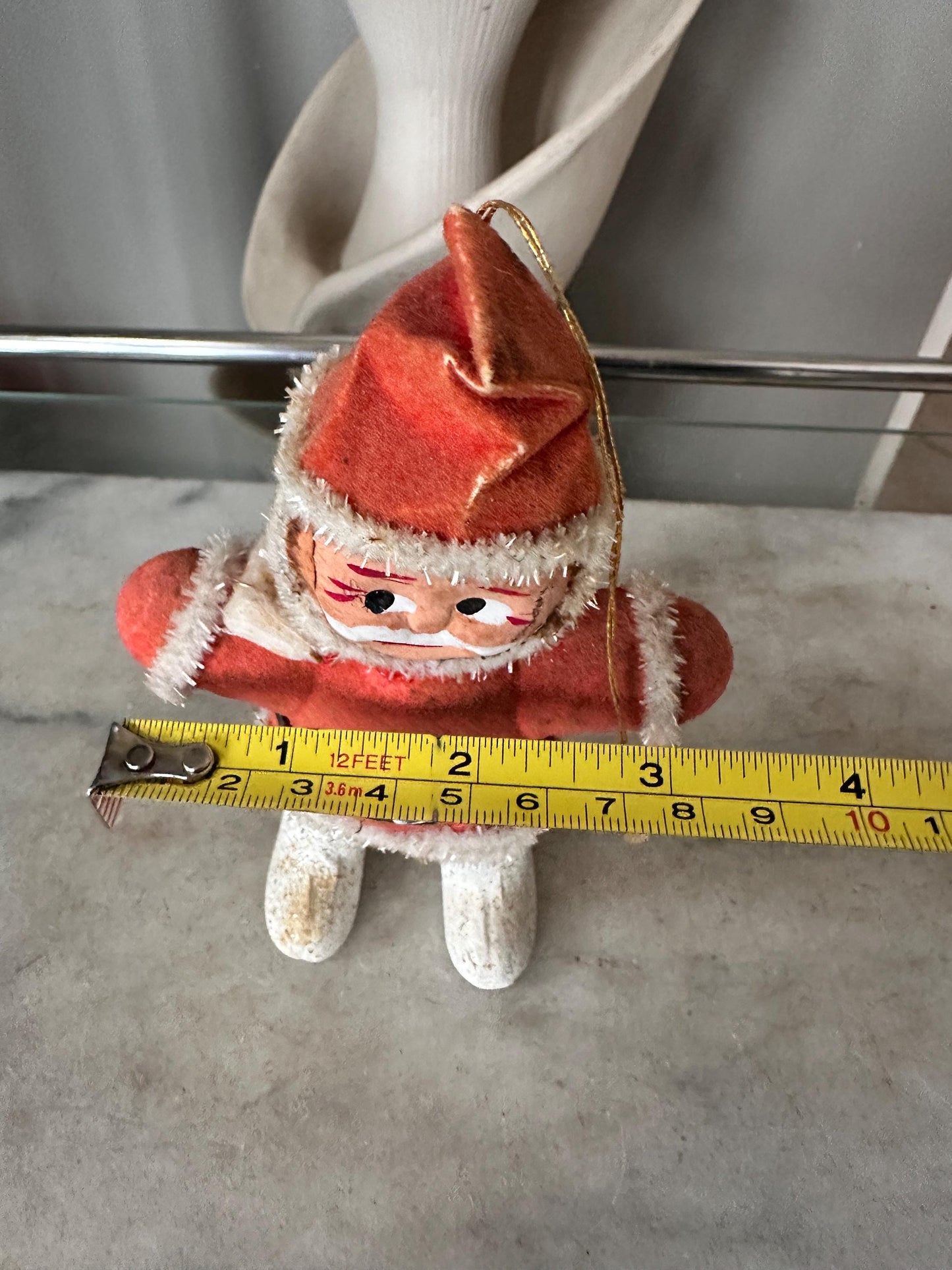 1950s Flocked Santa Ornament, Papier-Mâché Face, Mica Glitter Boots