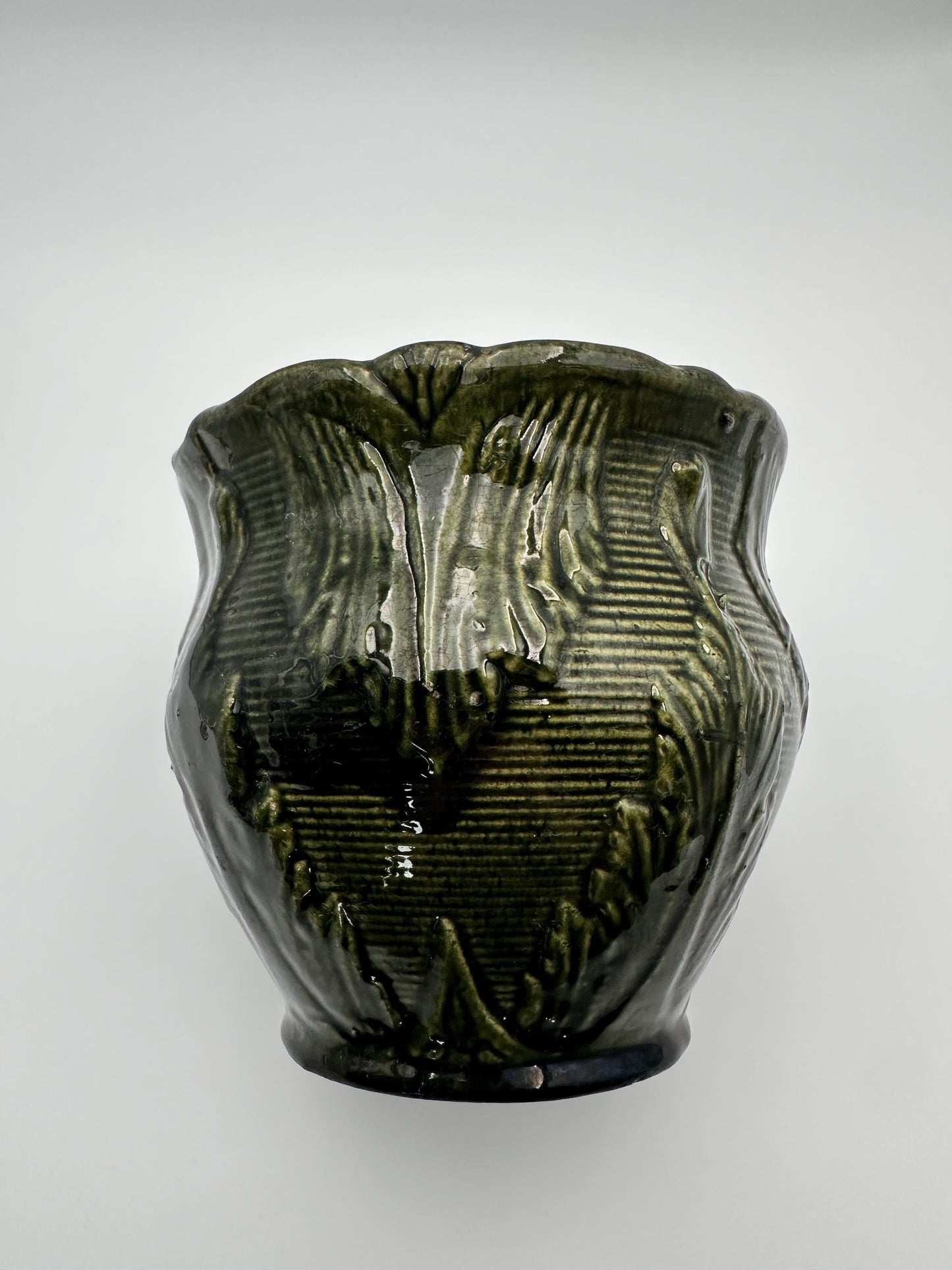 Antique Brush McCoy Majolica Jardiniere Planter – Green Leaf Scroll Pottery (No. 916)