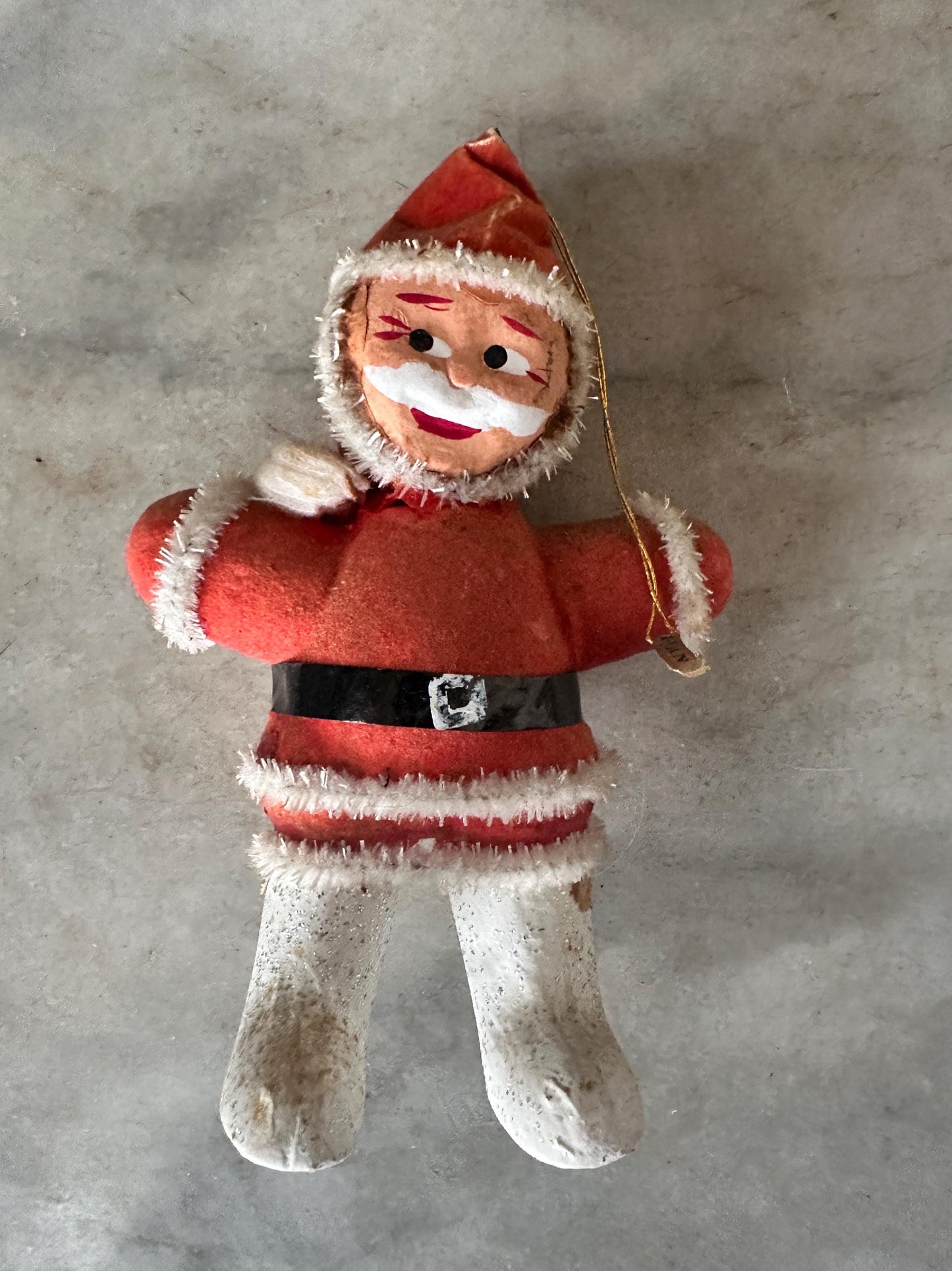 1950s Flocked Santa Ornament, Papier-Mâché Face, Mica Glitter Boots