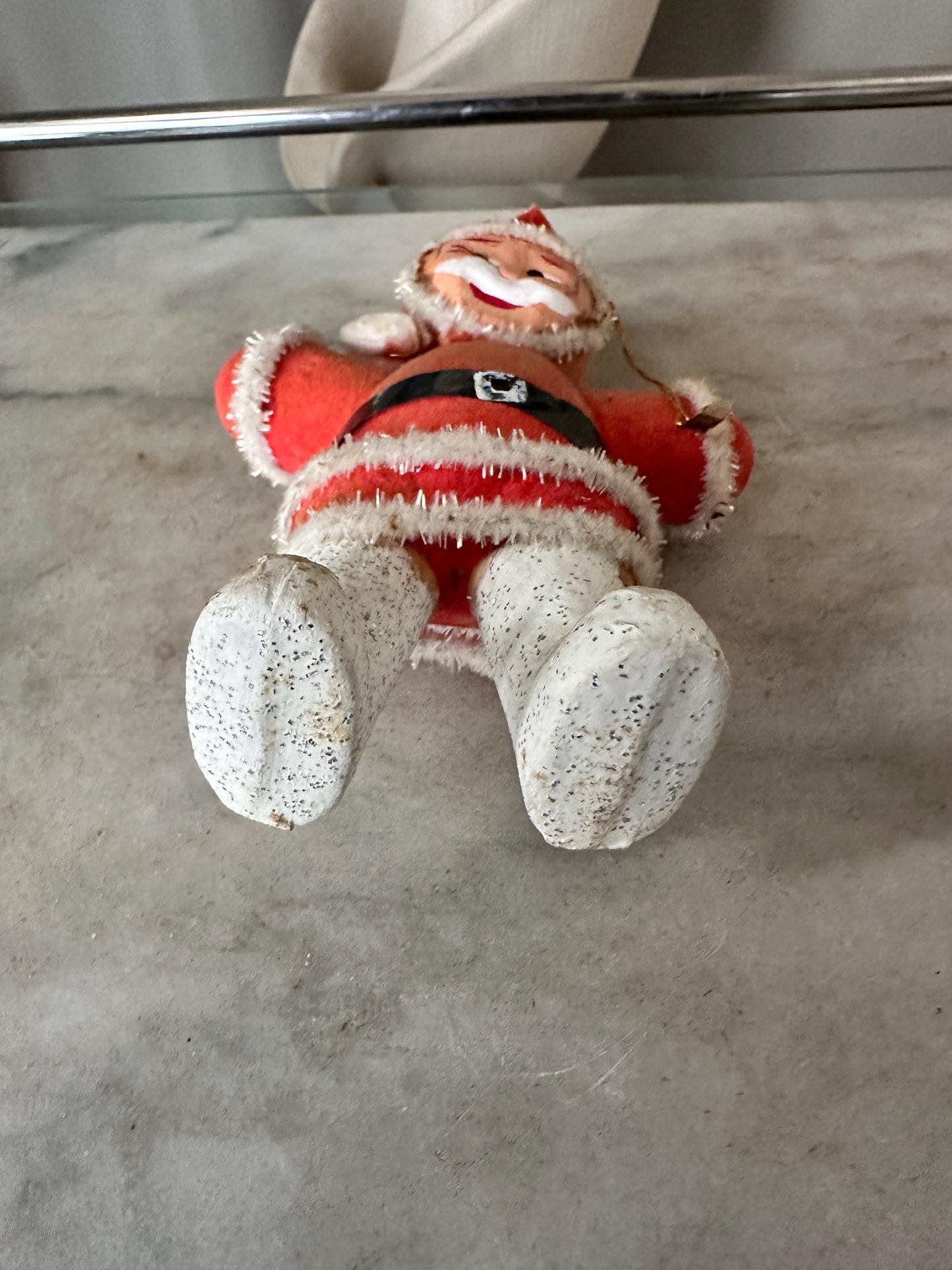 1950s Flocked Santa Ornament, Papier-Mâché Face, Mica Glitter Boots