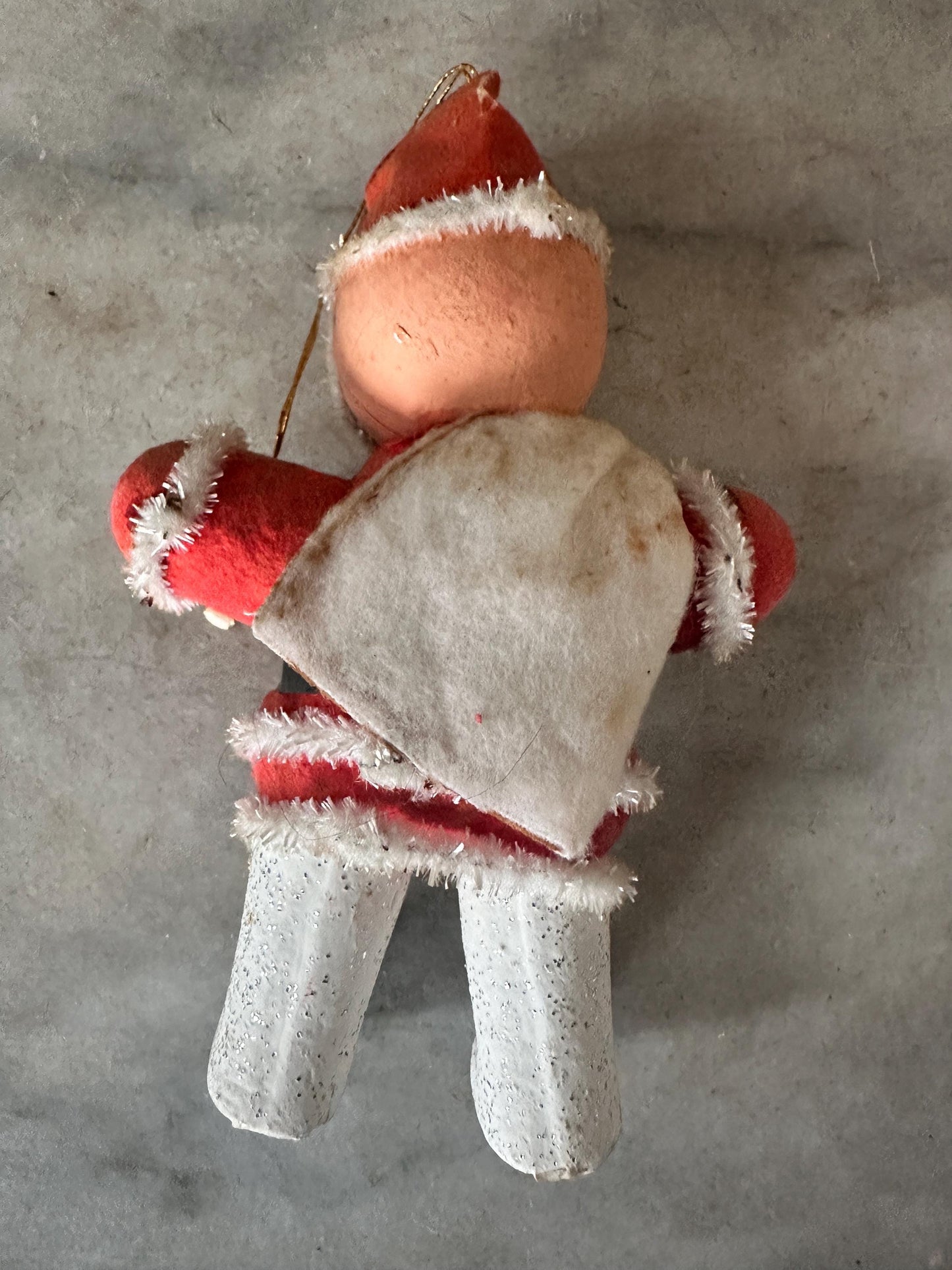 1950s Flocked Santa Ornament, Papier-Mâché Face, Mica Glitter Boots