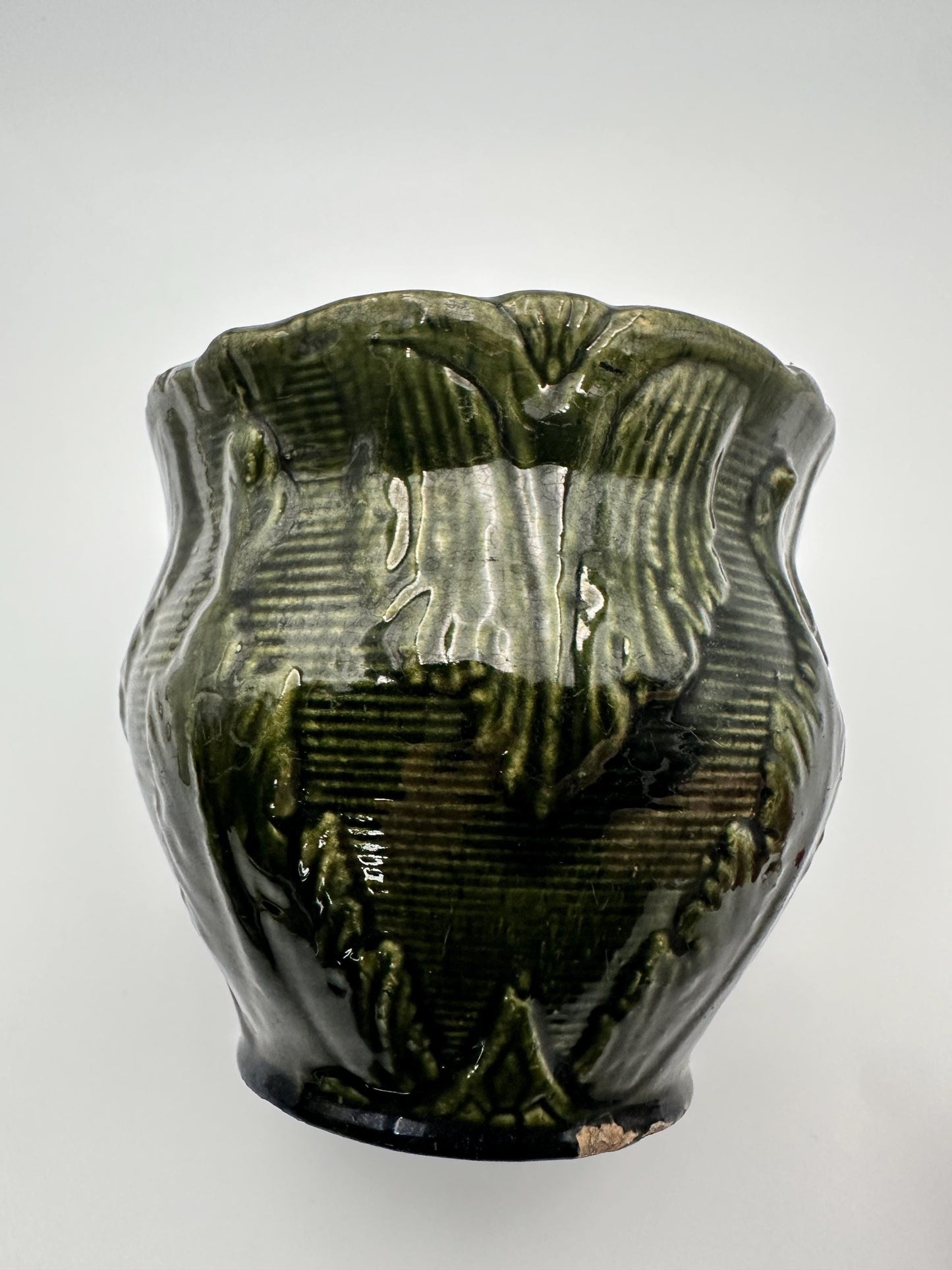 Antique Brush McCoy Majolica Jardiniere Planter – Green Leaf Scroll Pottery (No. 916)