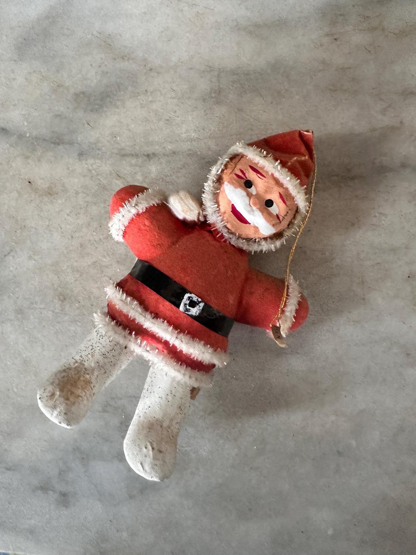 1950s Flocked Santa Ornament, Papier-Mâché Face, Mica Glitter Boots