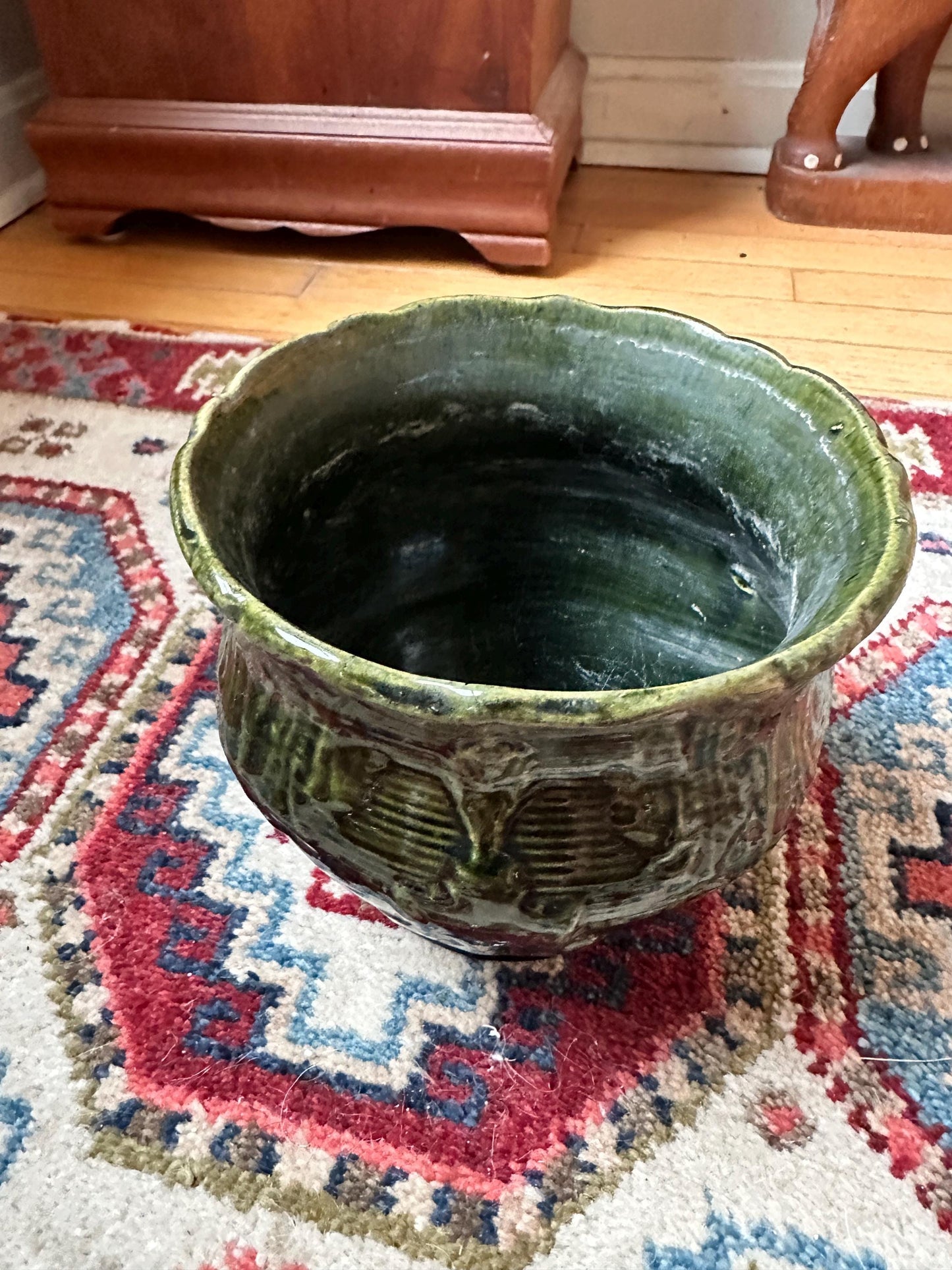 Antique Brush McCoy Majolica Jardiniere Planter – Green Leaf Scroll Pottery (No. 916)