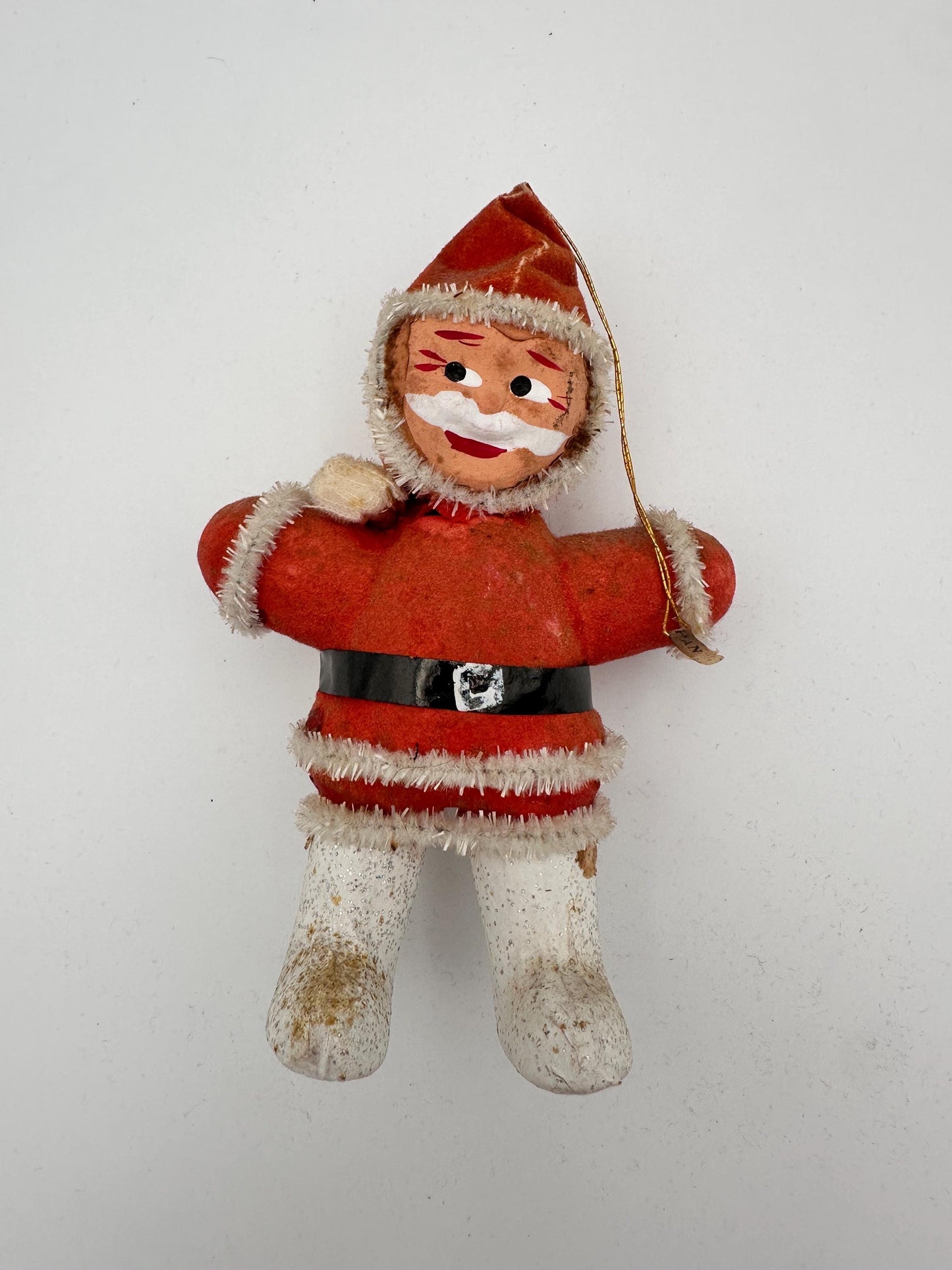 1950s Flocked Santa Ornament, Papier-Mâché Face, Mica Glitter Boots