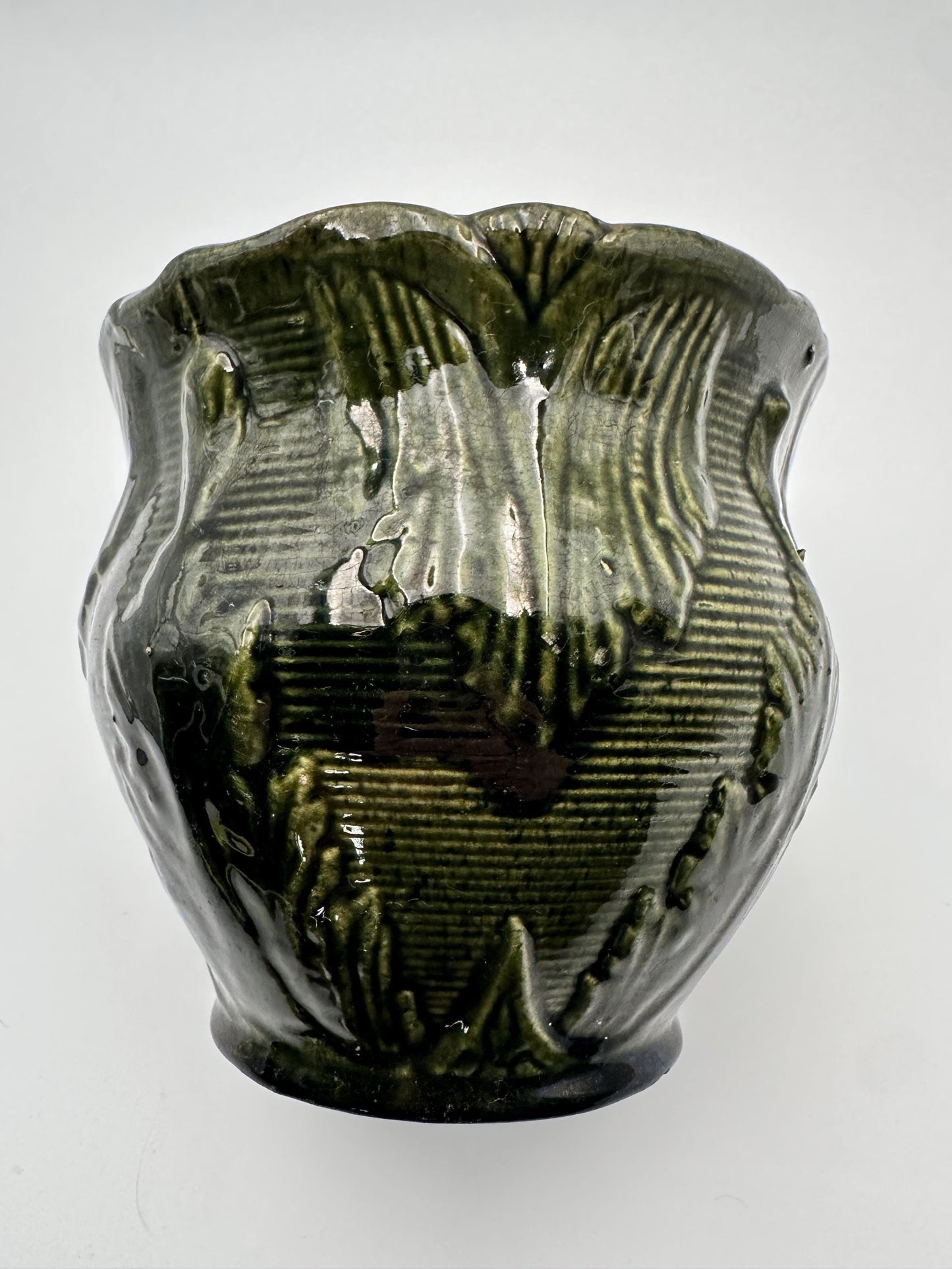 Antique Brush McCoy Majolica Jardiniere Planter – Green Leaf Scroll Pottery (No. 916)