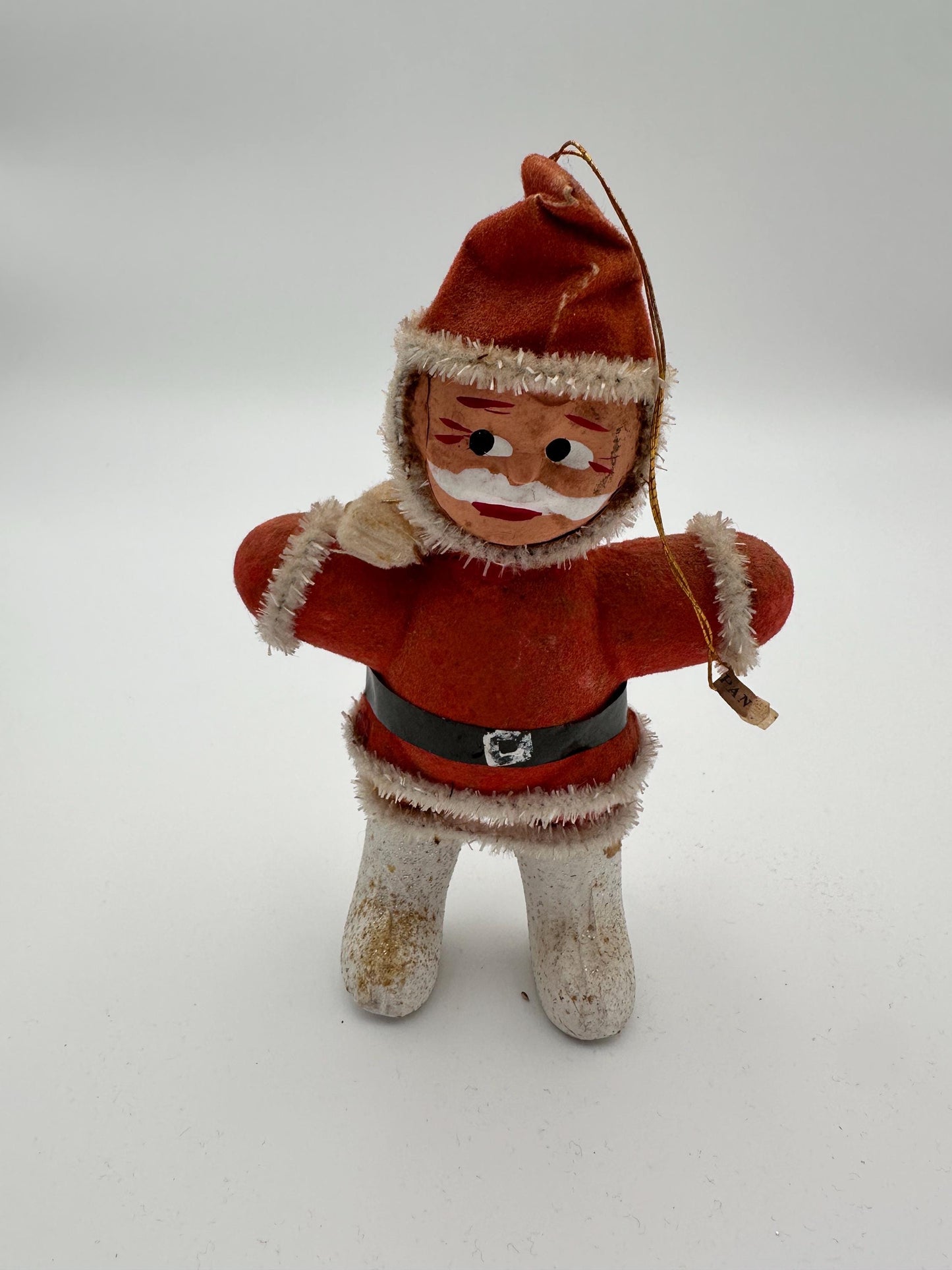1950s Flocked Santa Ornament, Papier-Mâché Face, Mica Glitter Boots