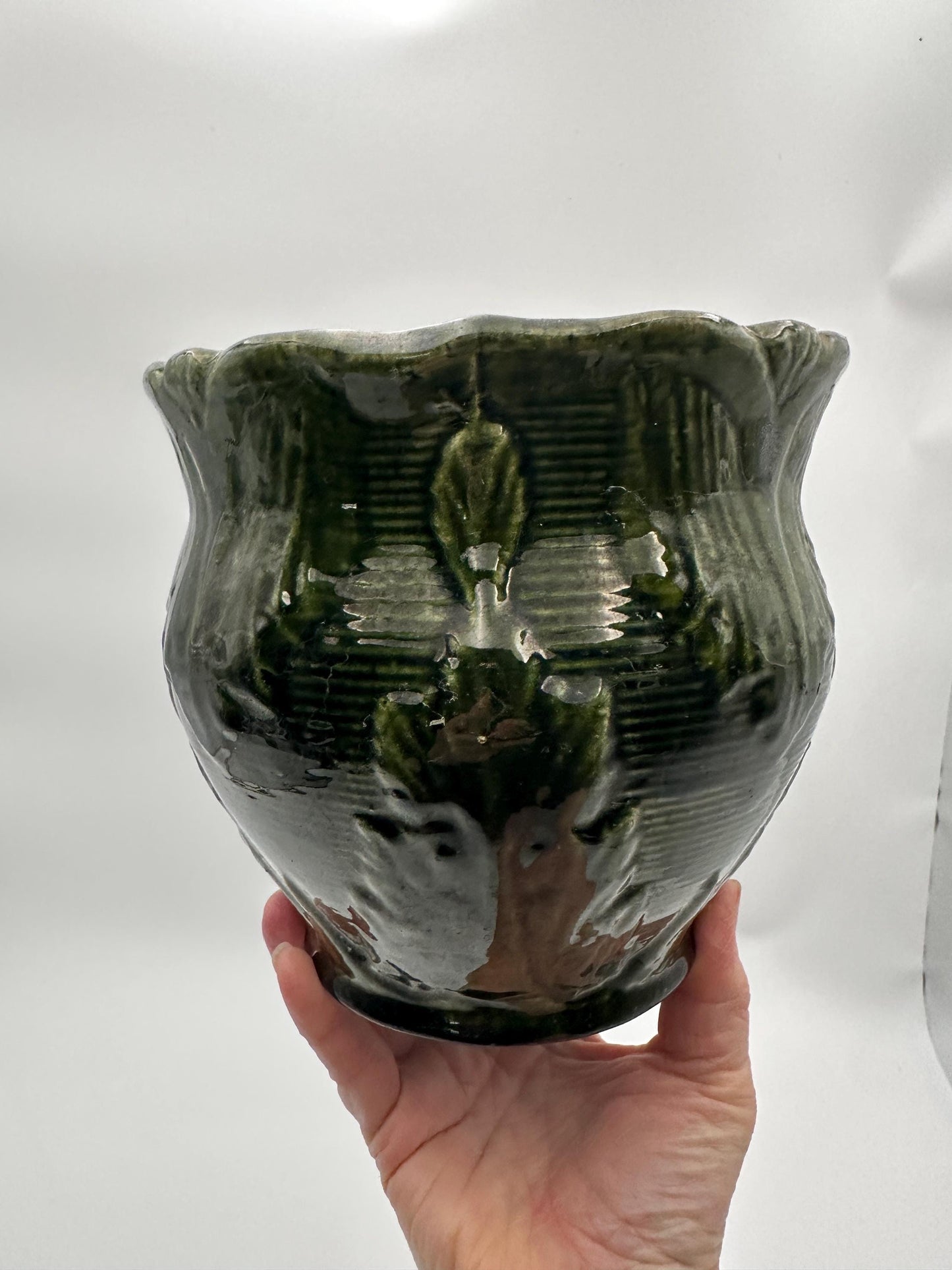 Antique Brush McCoy Majolica Jardiniere Planter – Green Leaf Scroll Pottery (No. 916)