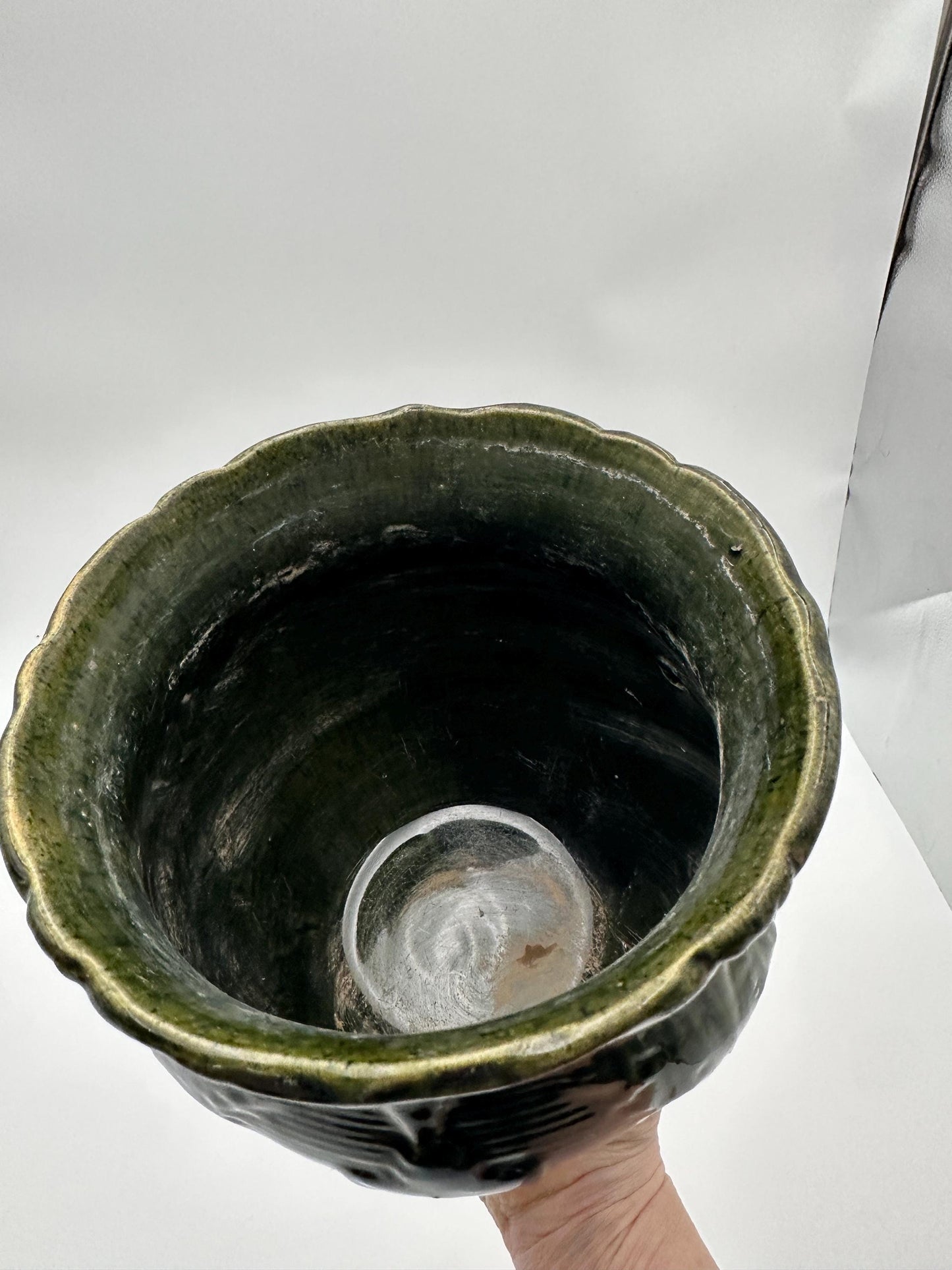 Antique Brush McCoy Majolica Jardiniere Planter – Green Leaf Scroll Pottery (No. 916)