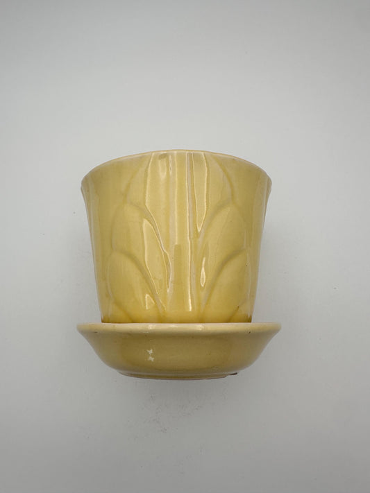 Vintage Yellow Flower Pot w/ Saucer | USA Pottery | Leaf Motif | Cottagecore | 5.75 x 6