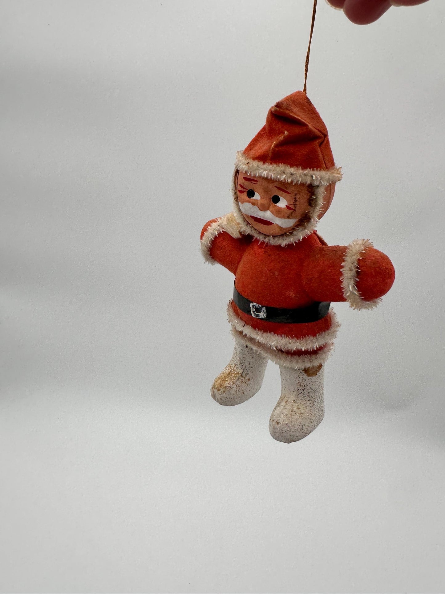 1950s Flocked Santa Ornament, Papier-Mâché Face, Mica Glitter Boots