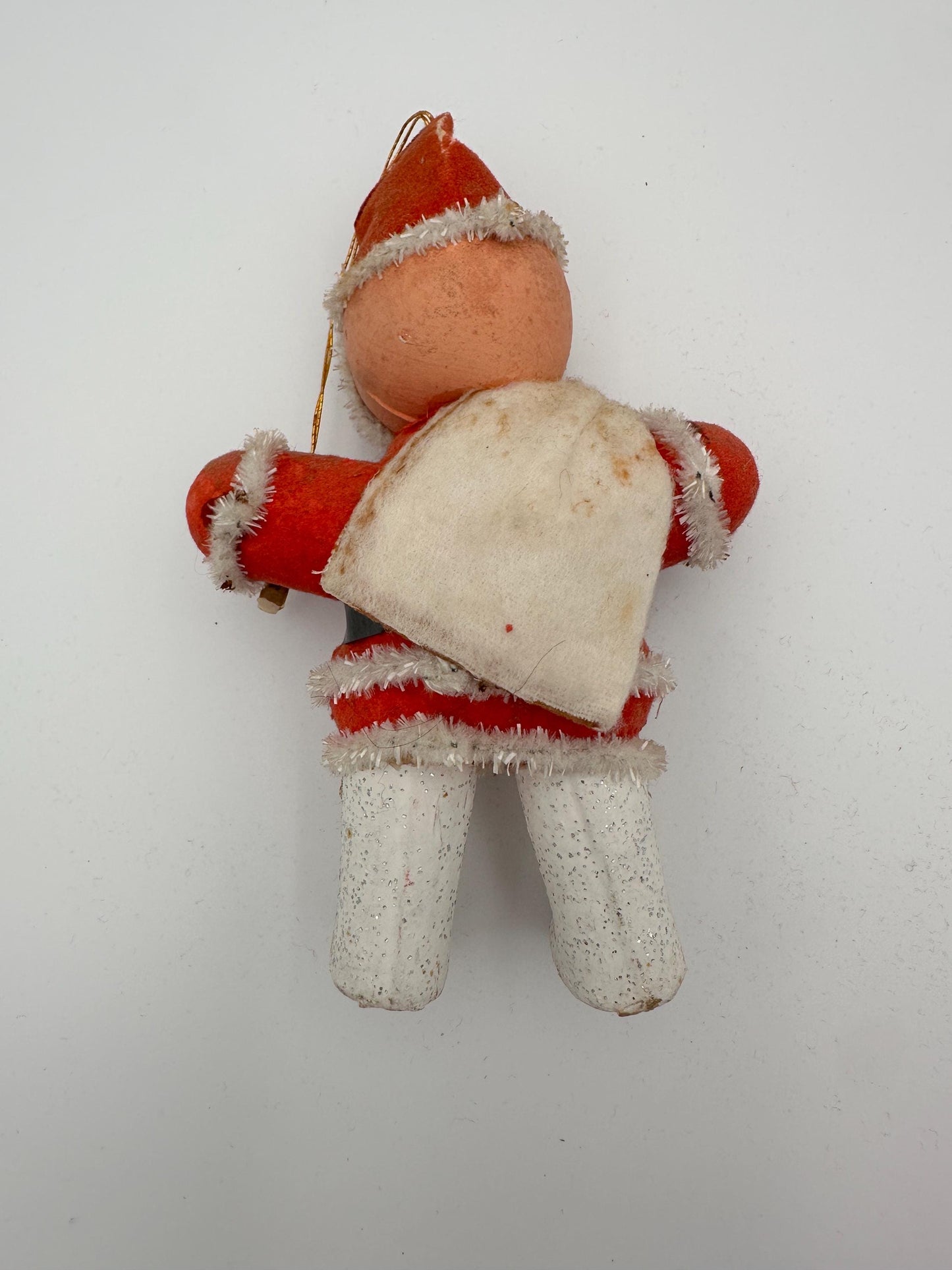 1950s Flocked Santa Ornament, Papier-Mâché Face, Mica Glitter Boots