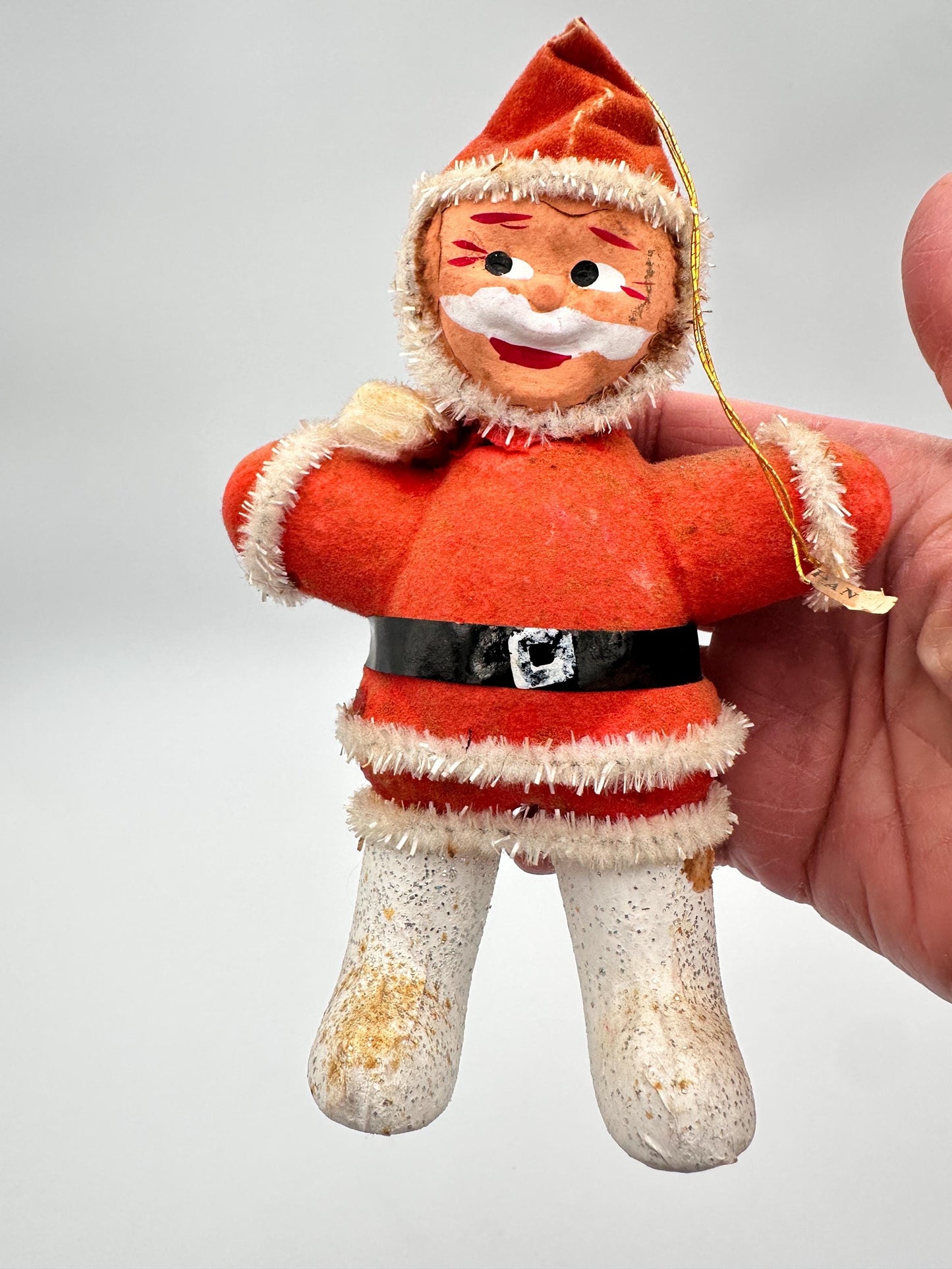 1950s Flocked Santa Ornament, Papier-Mâché Face, Mica Glitter Boots