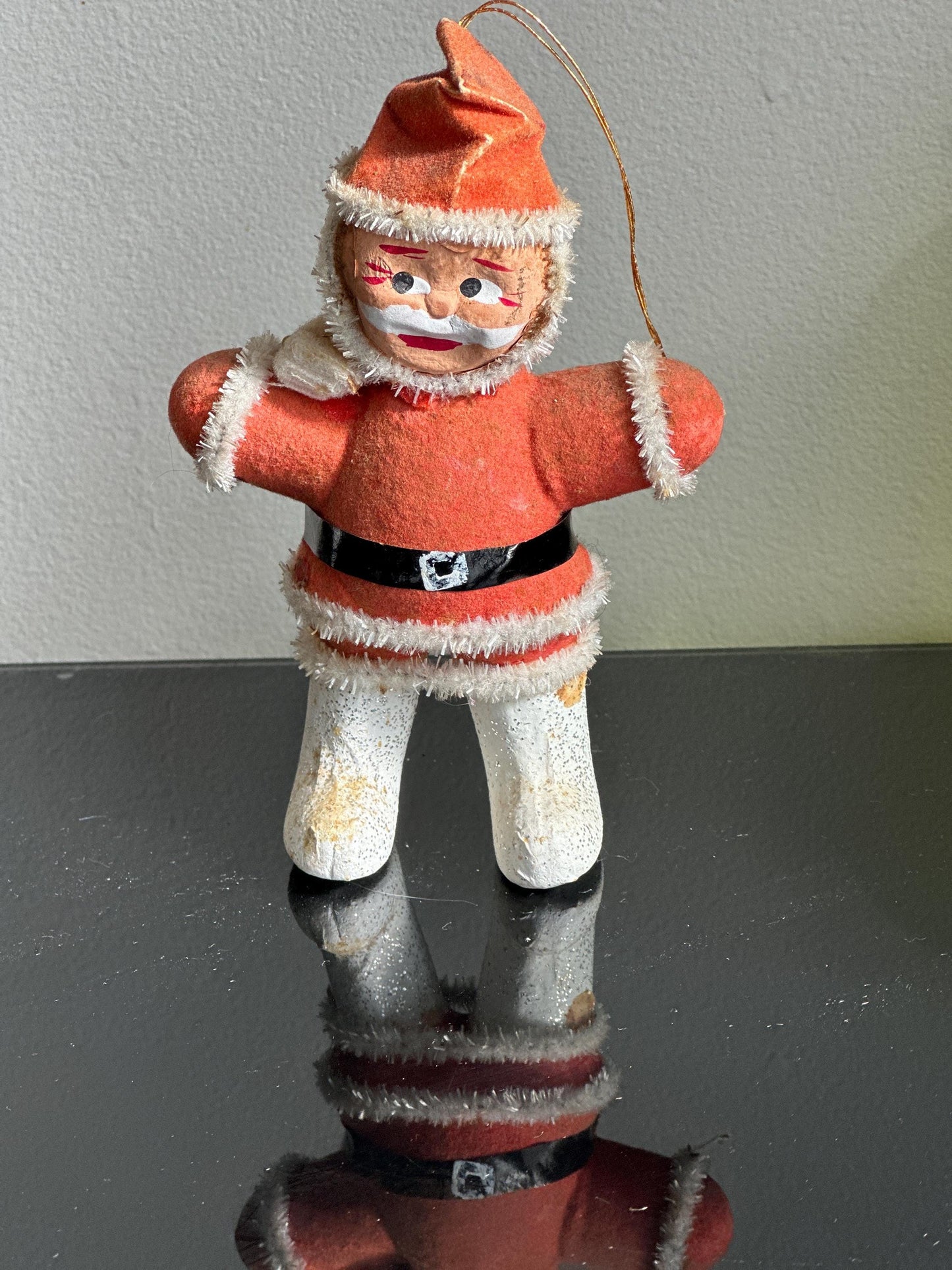 1950s Flocked Santa Ornament, Papier-Mâché Face, Mica Glitter Boots