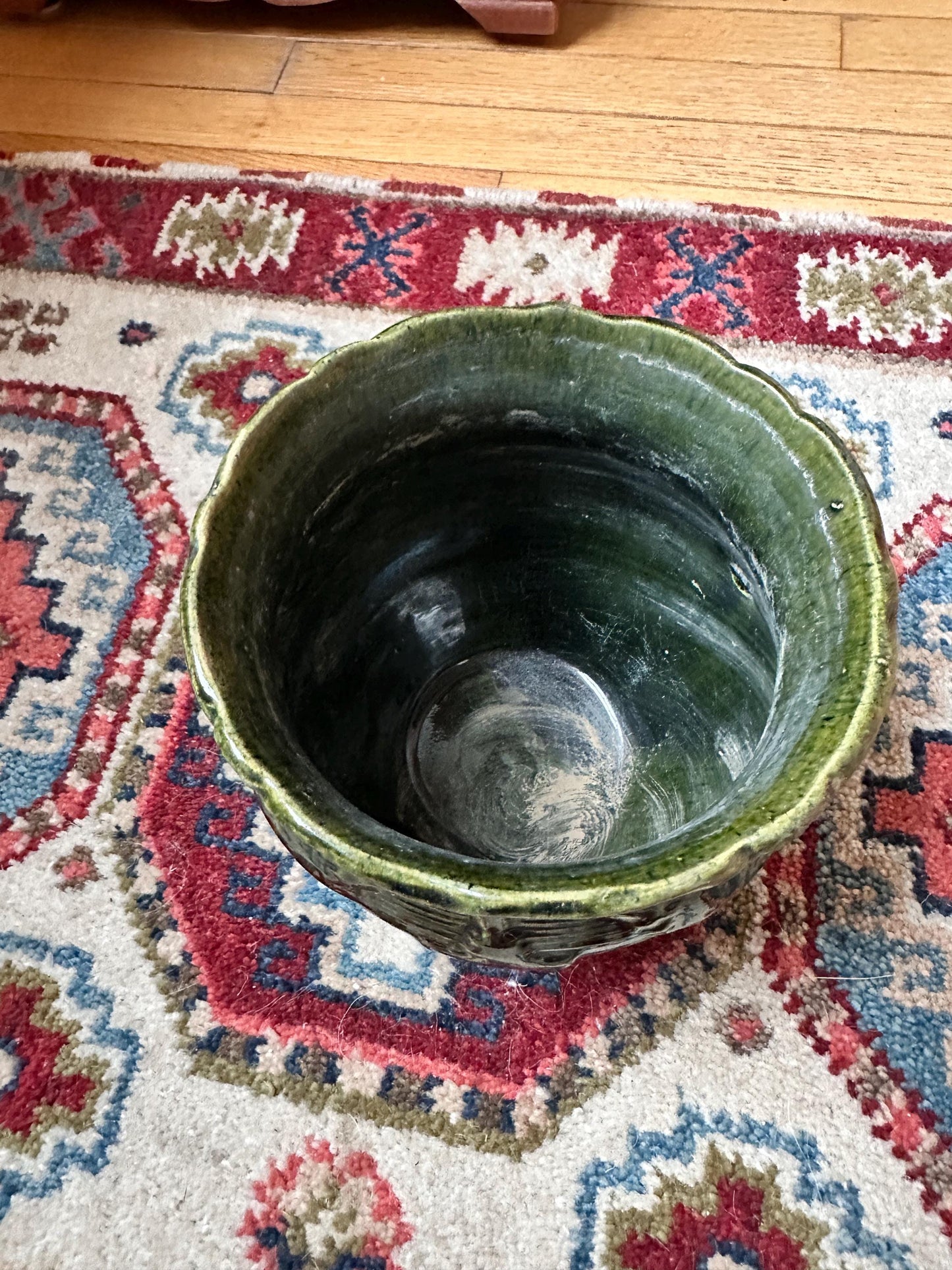 Antique Brush McCoy Majolica Jardiniere Planter – Green Leaf Scroll Pottery (No. 916)