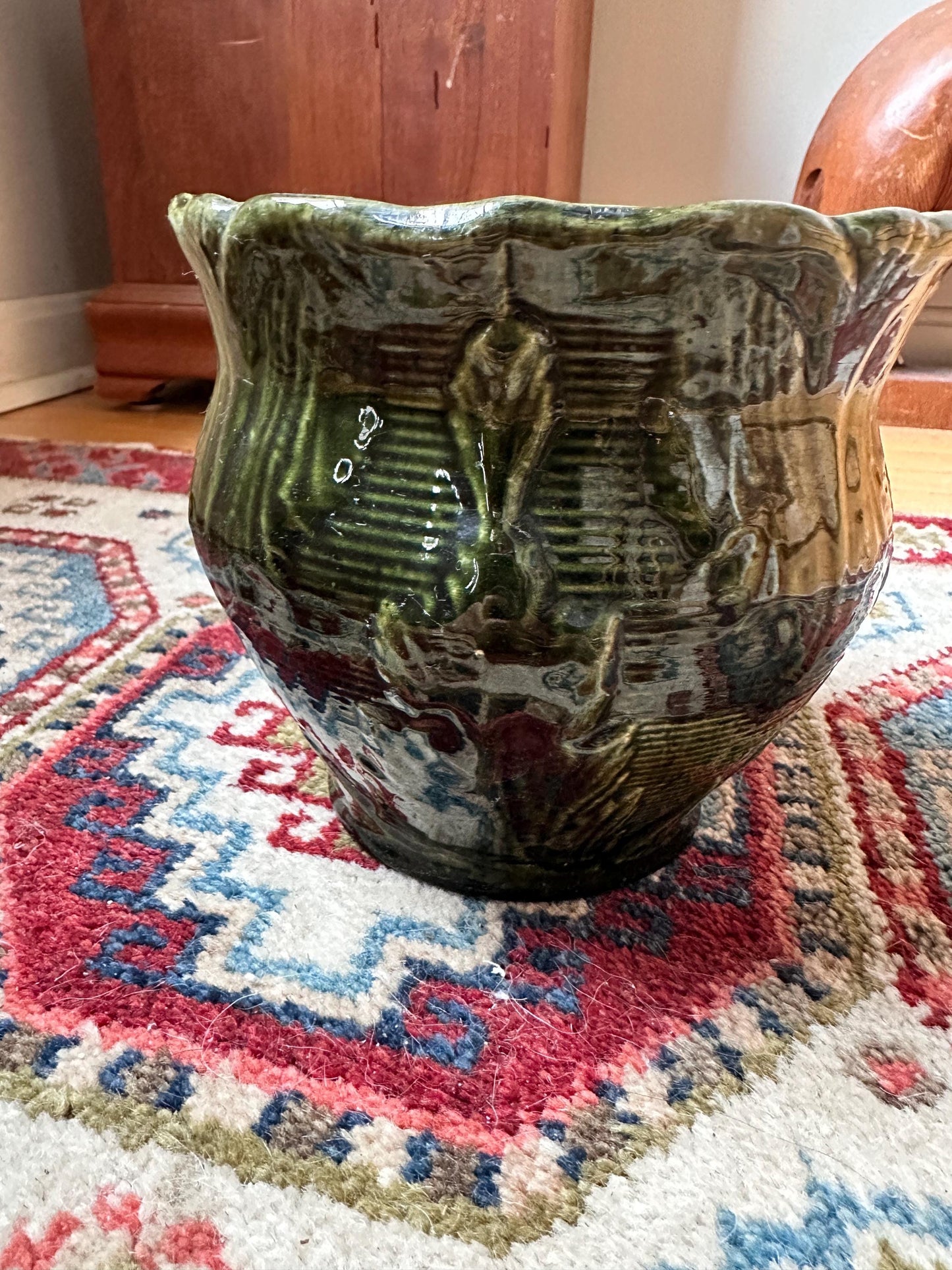 Antique Brush McCoy Majolica Jardiniere Planter – Green Leaf Scroll Pottery (No. 916)