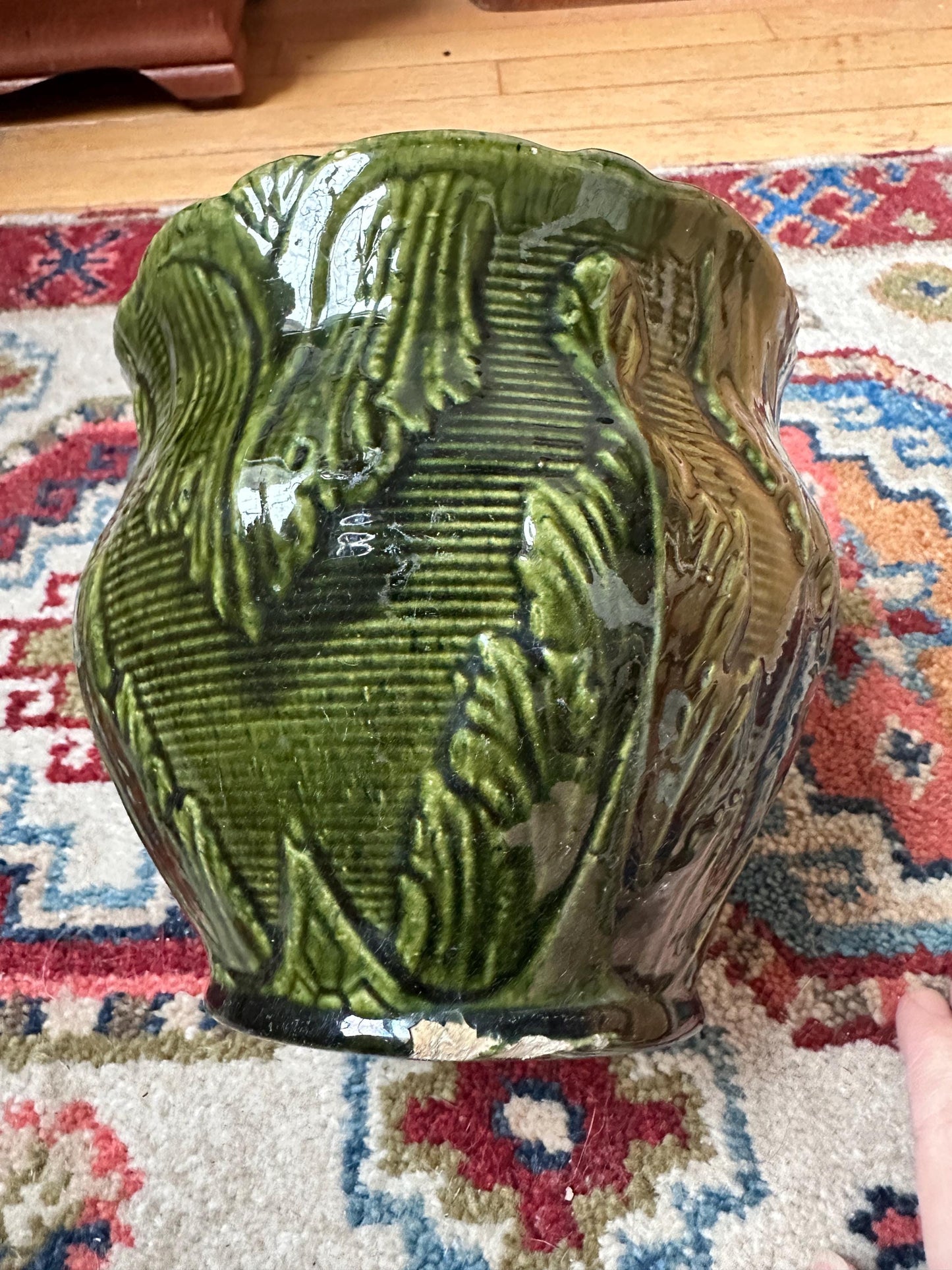 Antique Brush McCoy Majolica Jardiniere Planter – Green Leaf Scroll Pottery (No. 916)