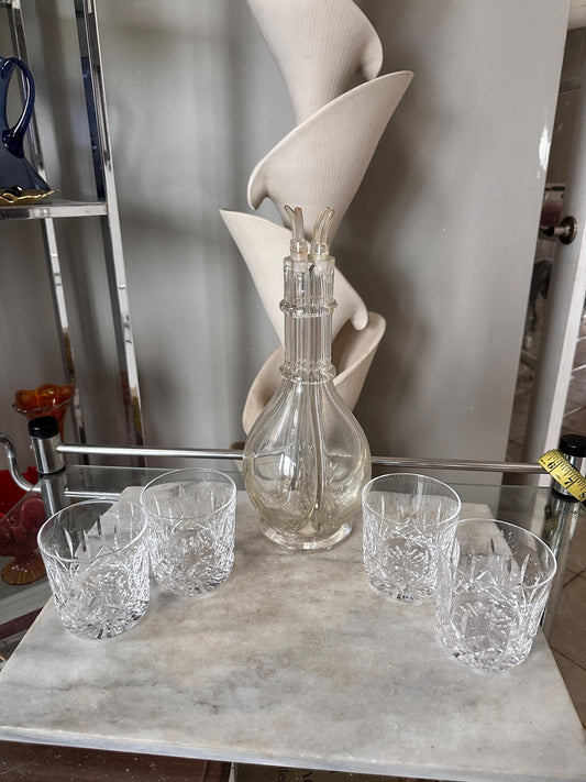 Vintage French Handblown Glass Four Chamber Decanter Set with Crystal Rocks Glasses
