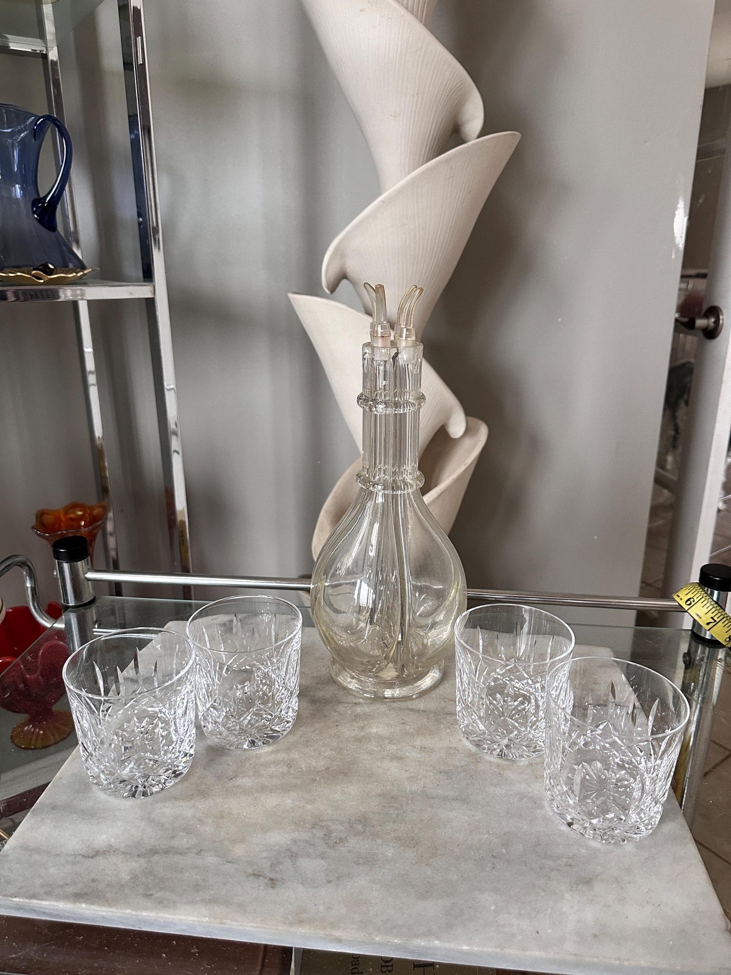 Vintage French Handblown Glass Four Chamber Decanter Set with Crystal Rocks Glasses