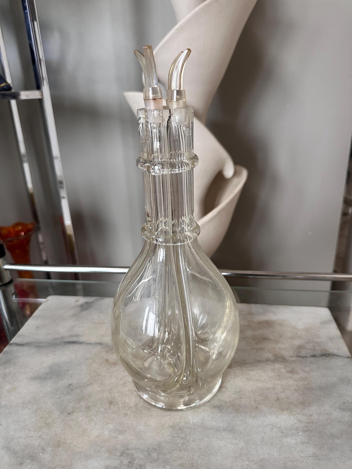 Vintage French Handblown Glass Four Chamber Decanter Set with Crystal Rocks Glasses