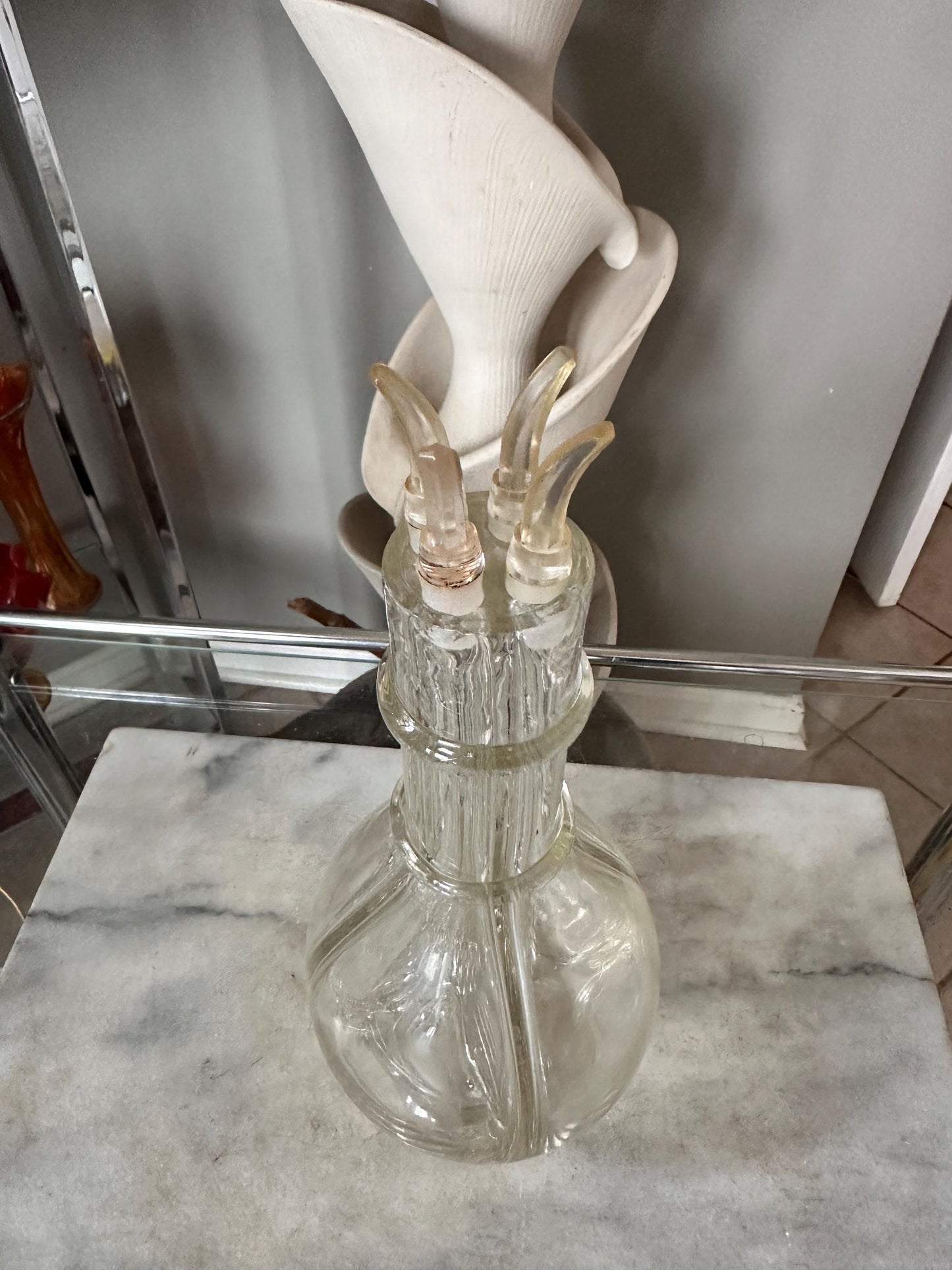 Vintage French Handblown Glass Four Chamber Decanter Set with Crystal Rocks Glasses