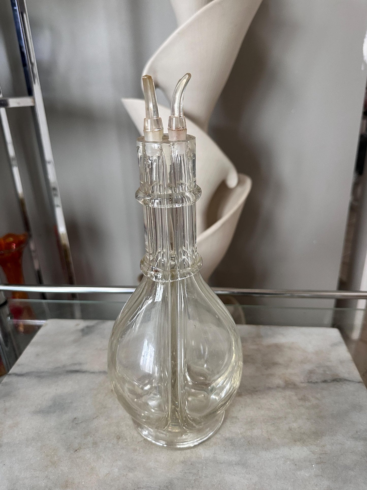 Vintage French Handblown Glass Four Chamber Decanter Set with Crystal Rocks Glasses