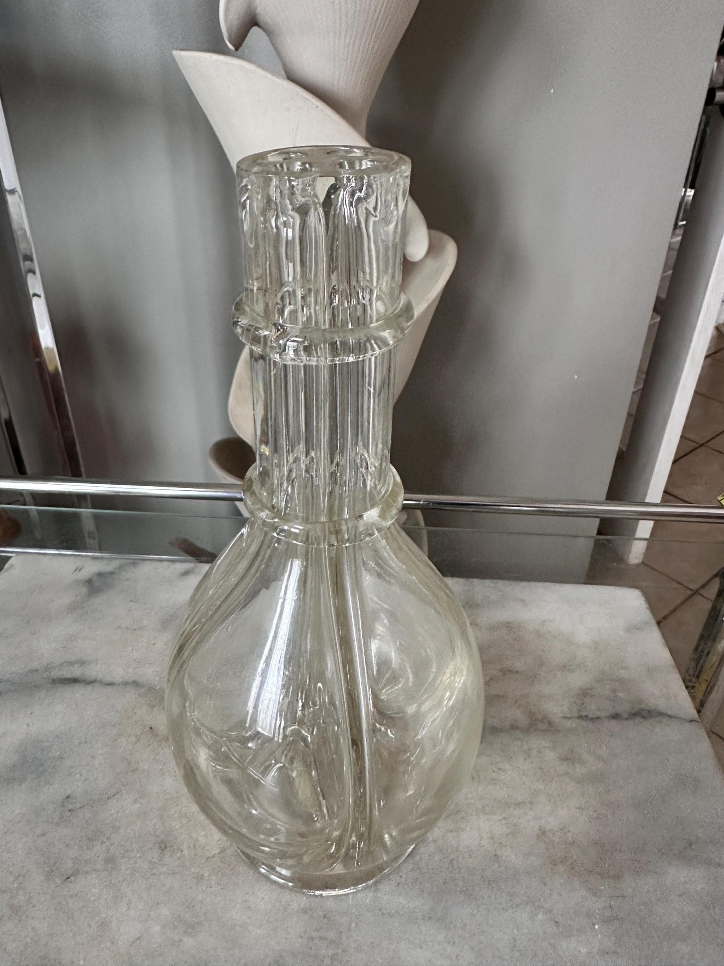 Vintage French Handblown Glass Four Chamber Decanter Set with Crystal Rocks Glasses