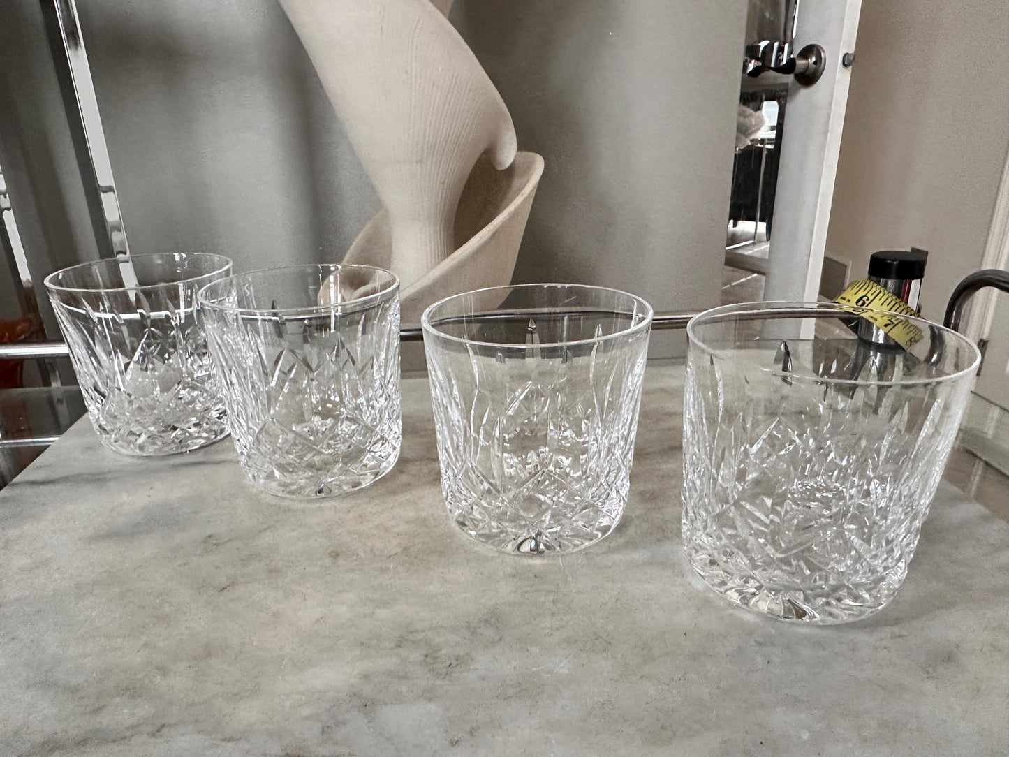 Vintage French Handblown Glass Four Chamber Decanter Set with Crystal Rocks Glasses