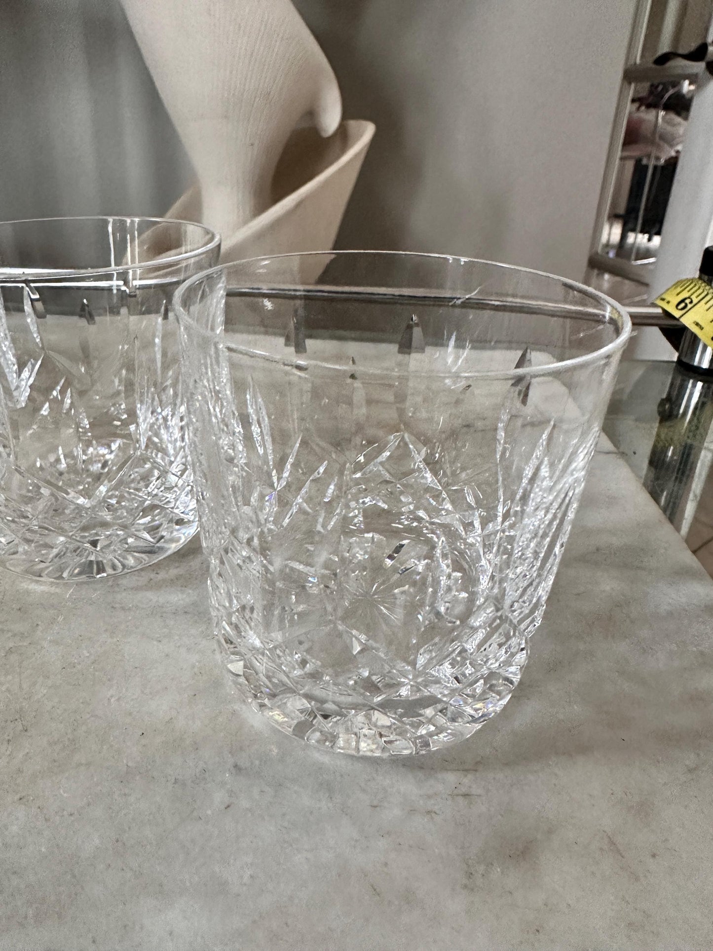 Vintage French Handblown Glass Four Chamber Decanter Set with Crystal Rocks Glasses
