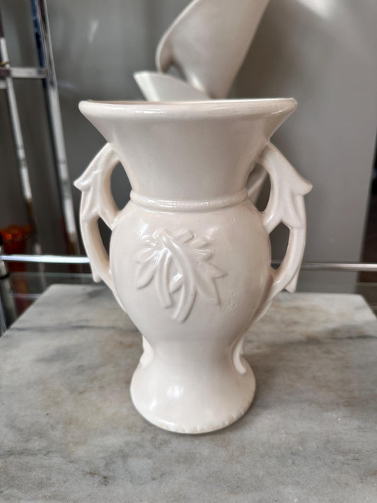 Vintage 1940s McCoy Double Handled Vase | Cream Embossed Leaf Pottery