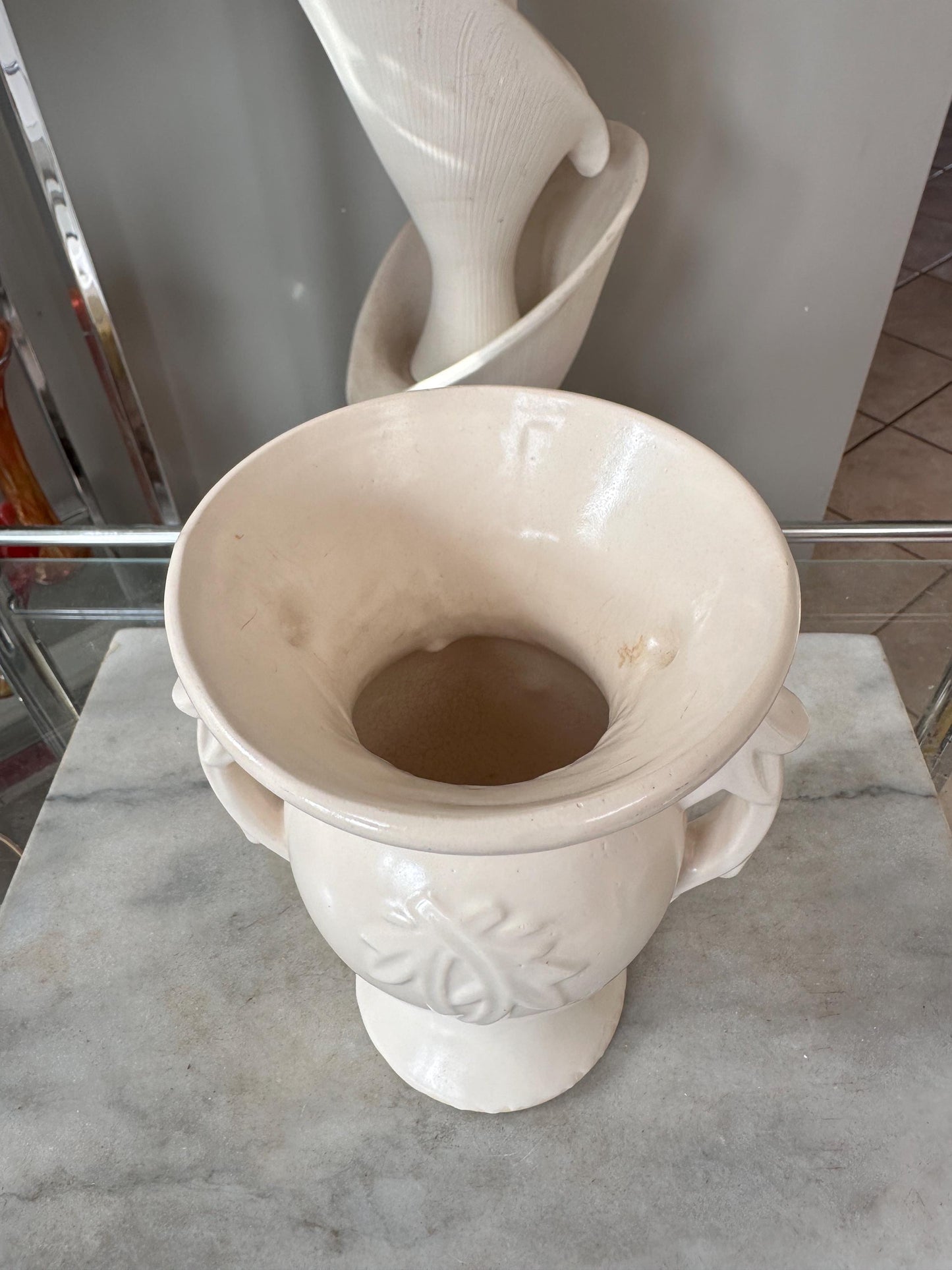 Vintage 1940s McCoy Double Handled Vase | Cream Embossed Leaf Pottery