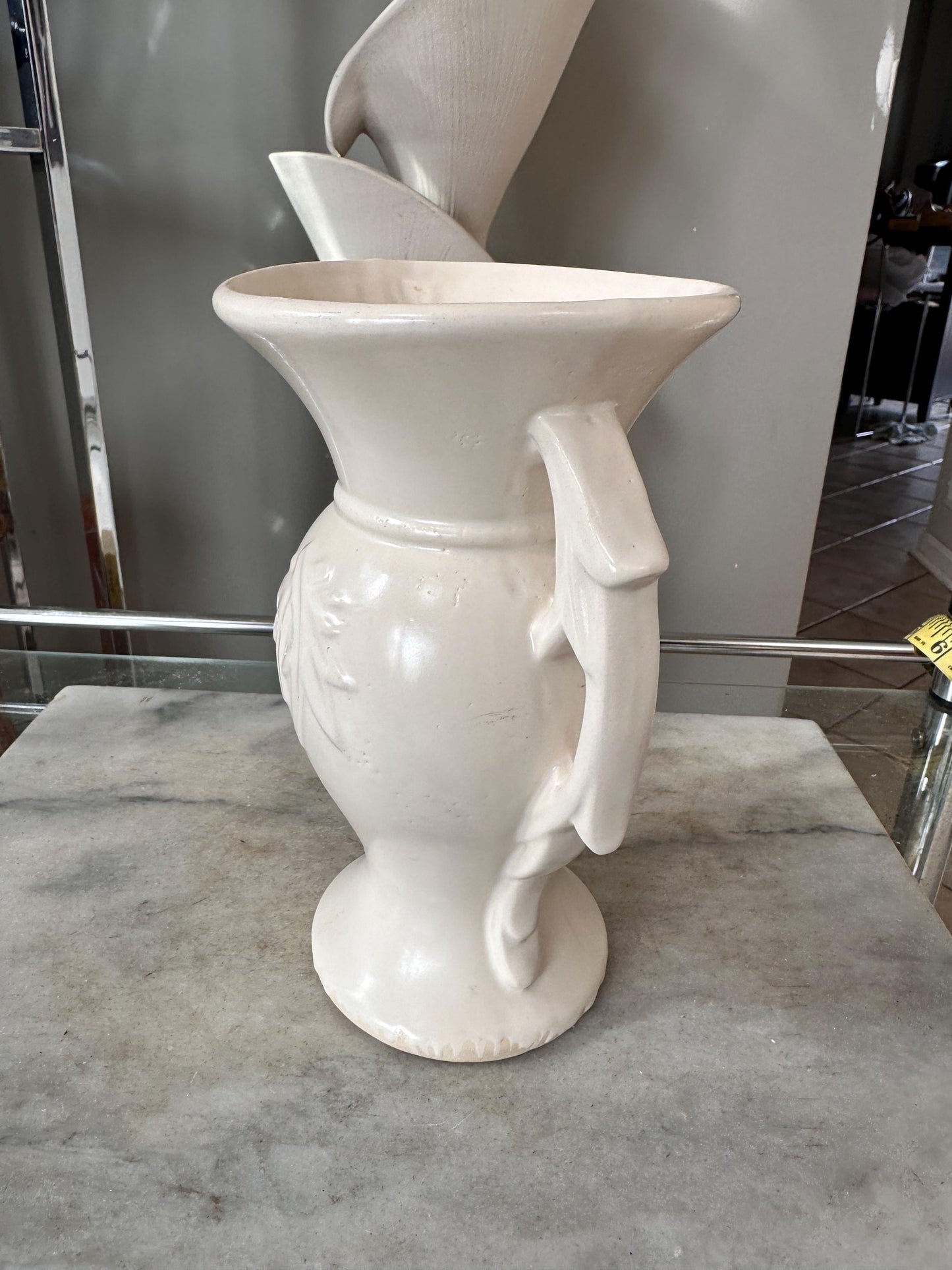 Vintage 1940s McCoy Double Handled Vase | Cream Embossed Leaf Pottery