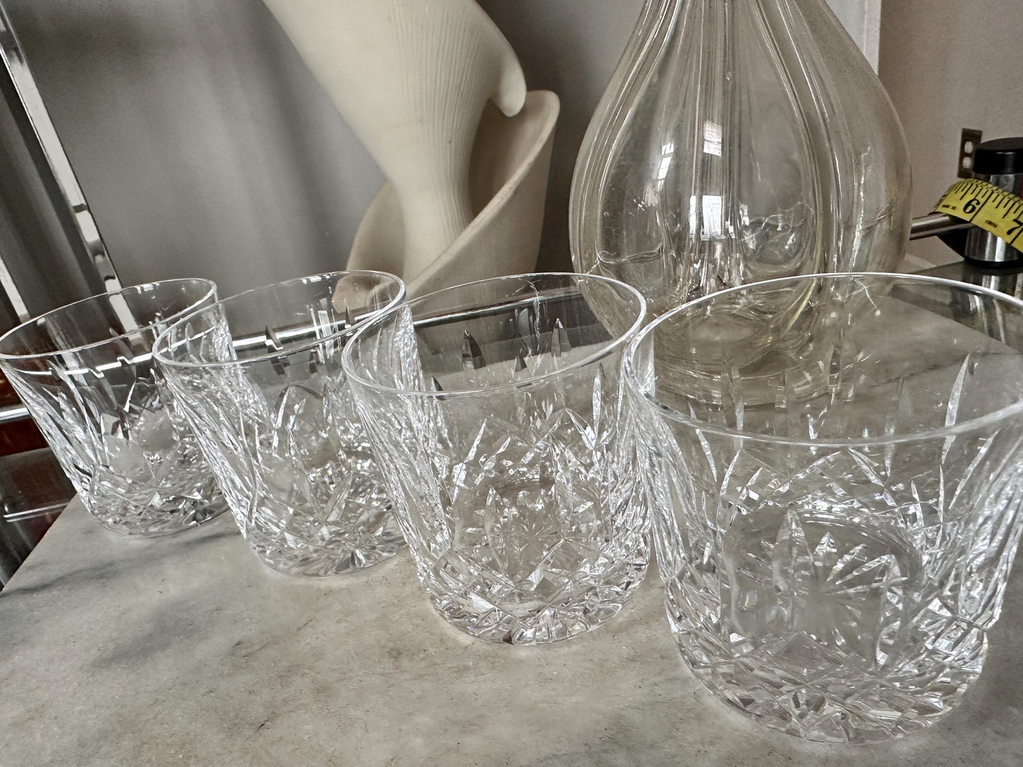 Vintage French Handblown Glass Four Chamber Decanter Set with Crystal Rocks Glasses