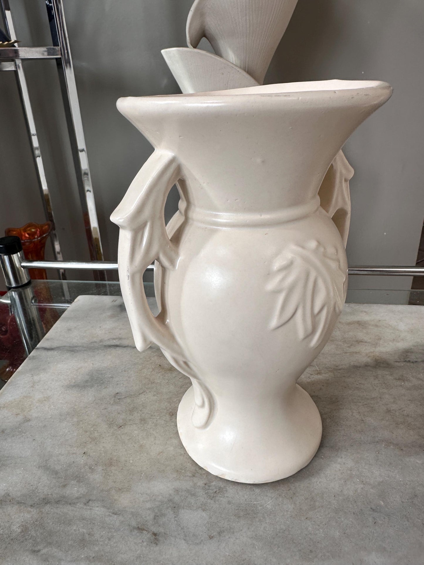 Vintage 1940s McCoy Double Handled Vase | Cream Embossed Leaf Pottery