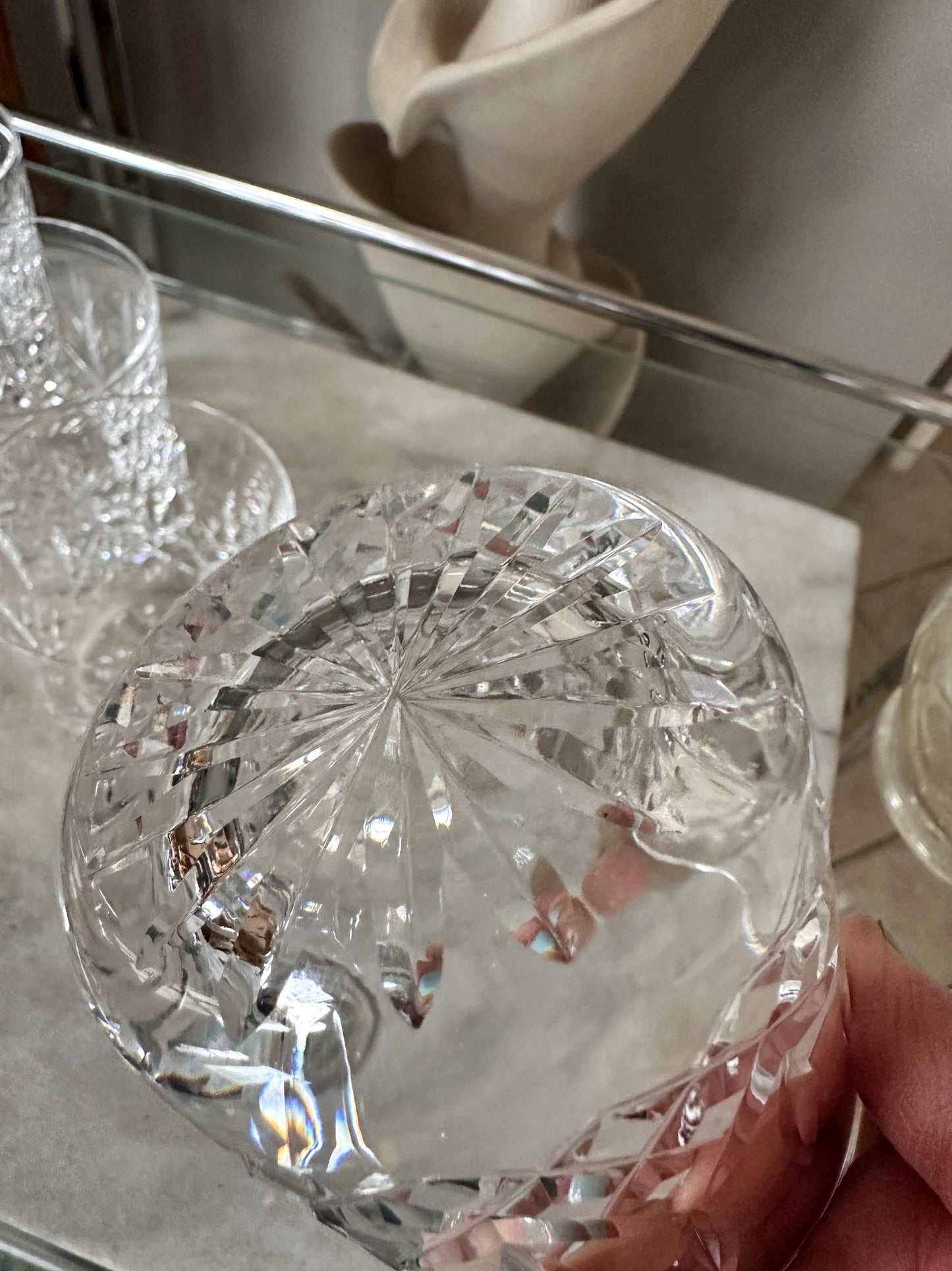 Vintage French Handblown Glass Four Chamber Decanter Set with Crystal Rocks Glasses