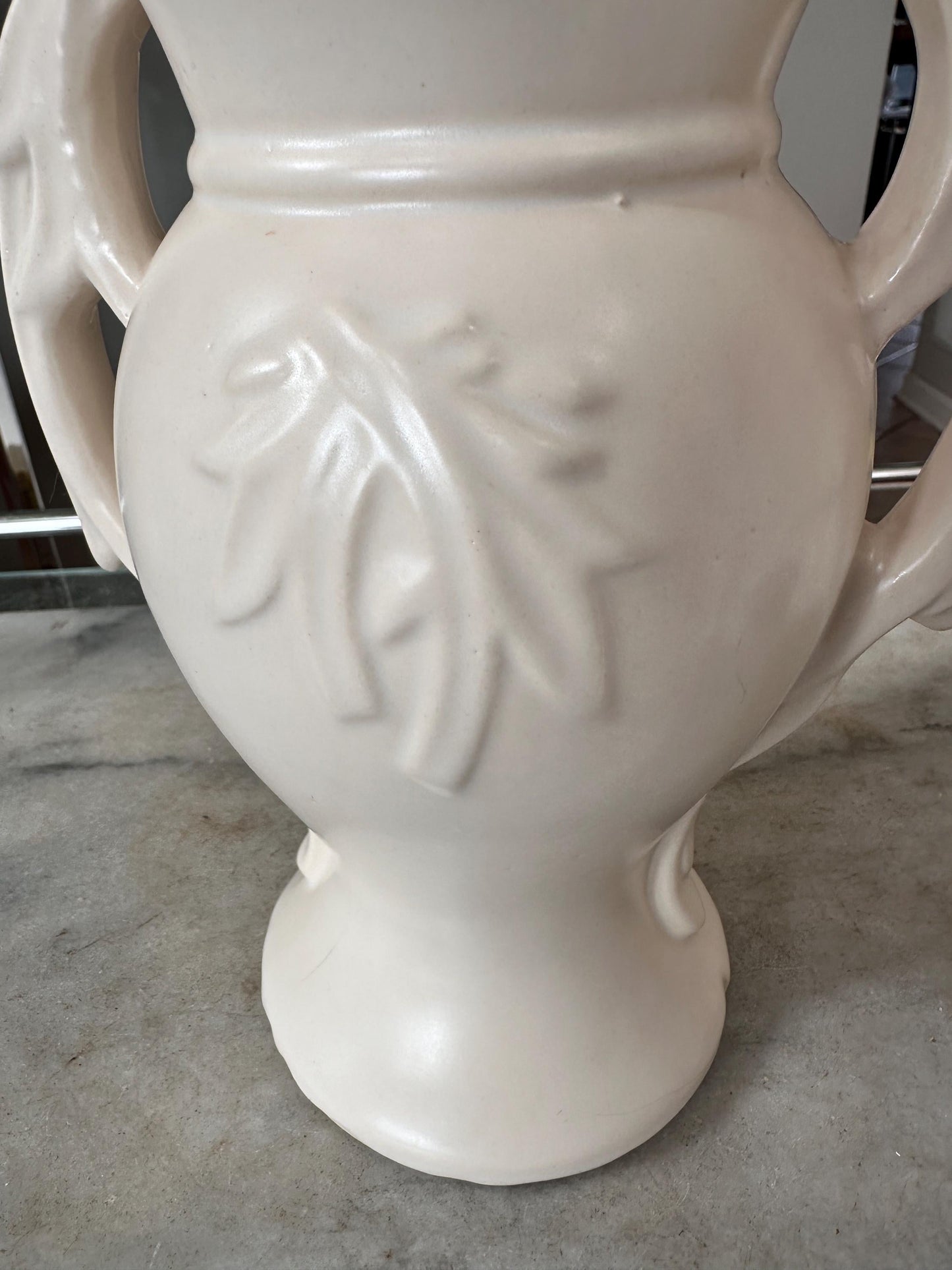Vintage 1940s McCoy Double Handled Vase | Cream Embossed Leaf Pottery