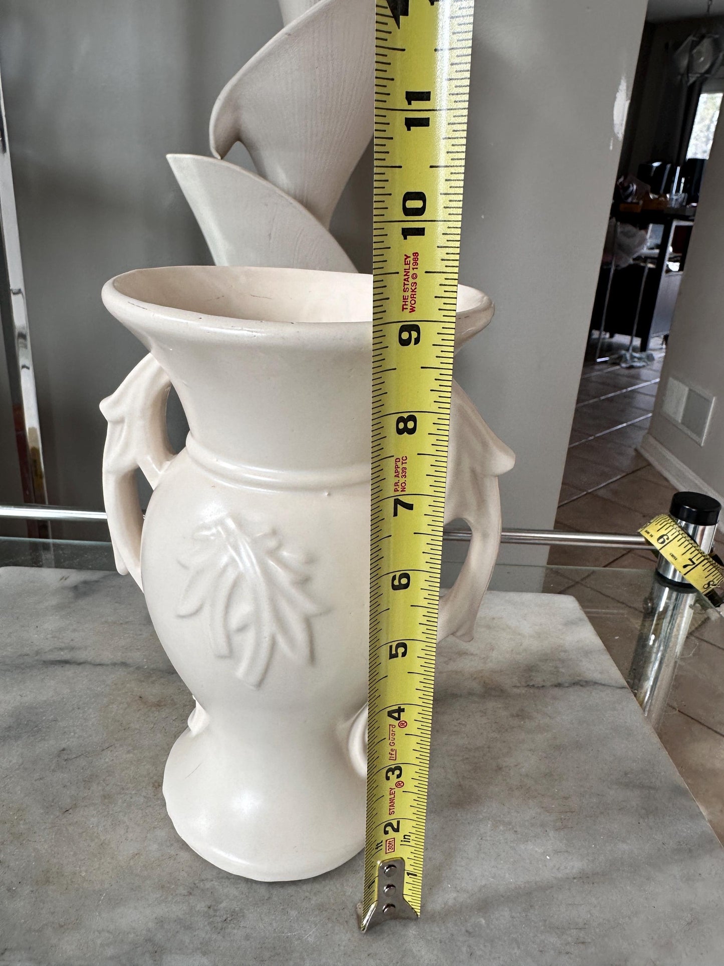 Vintage 1940s McCoy Double Handled Vase | Cream Embossed Leaf Pottery
