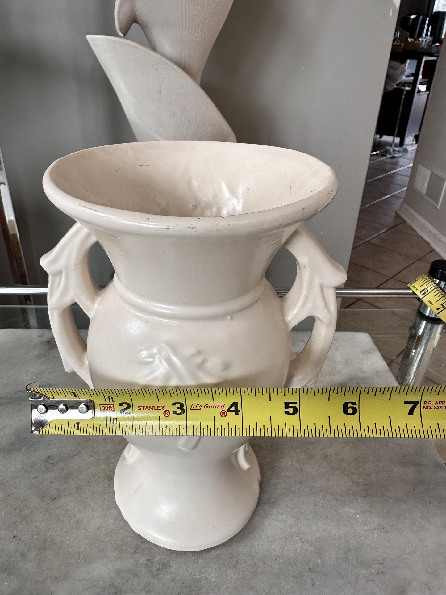 Vintage 1940s McCoy Double Handled Vase | Cream Embossed Leaf Pottery